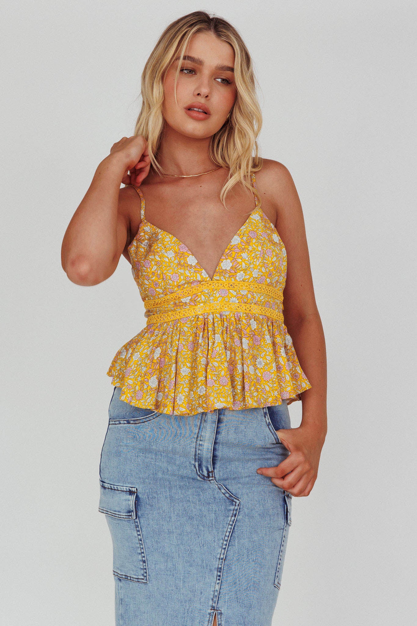 Marigold Crochet Trim Top Floral Yellow by Selfie Leslie Australia
