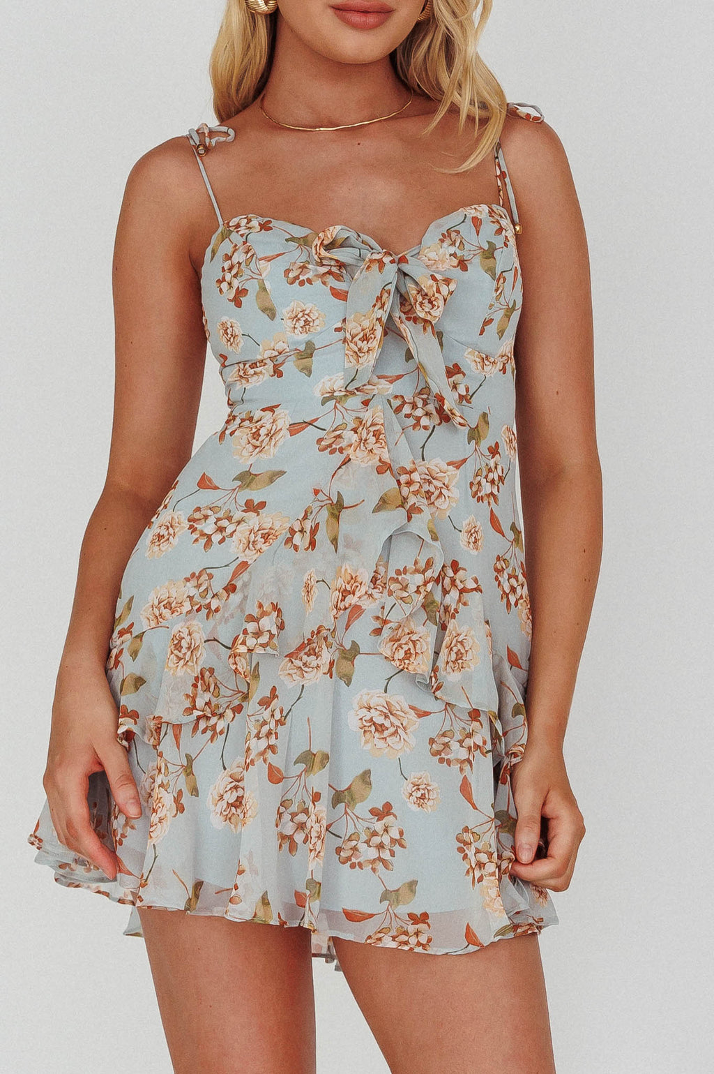 Flower Child Bust Tie Ruffle Trim Dress Roses Blue by Selfie Leslie Australia