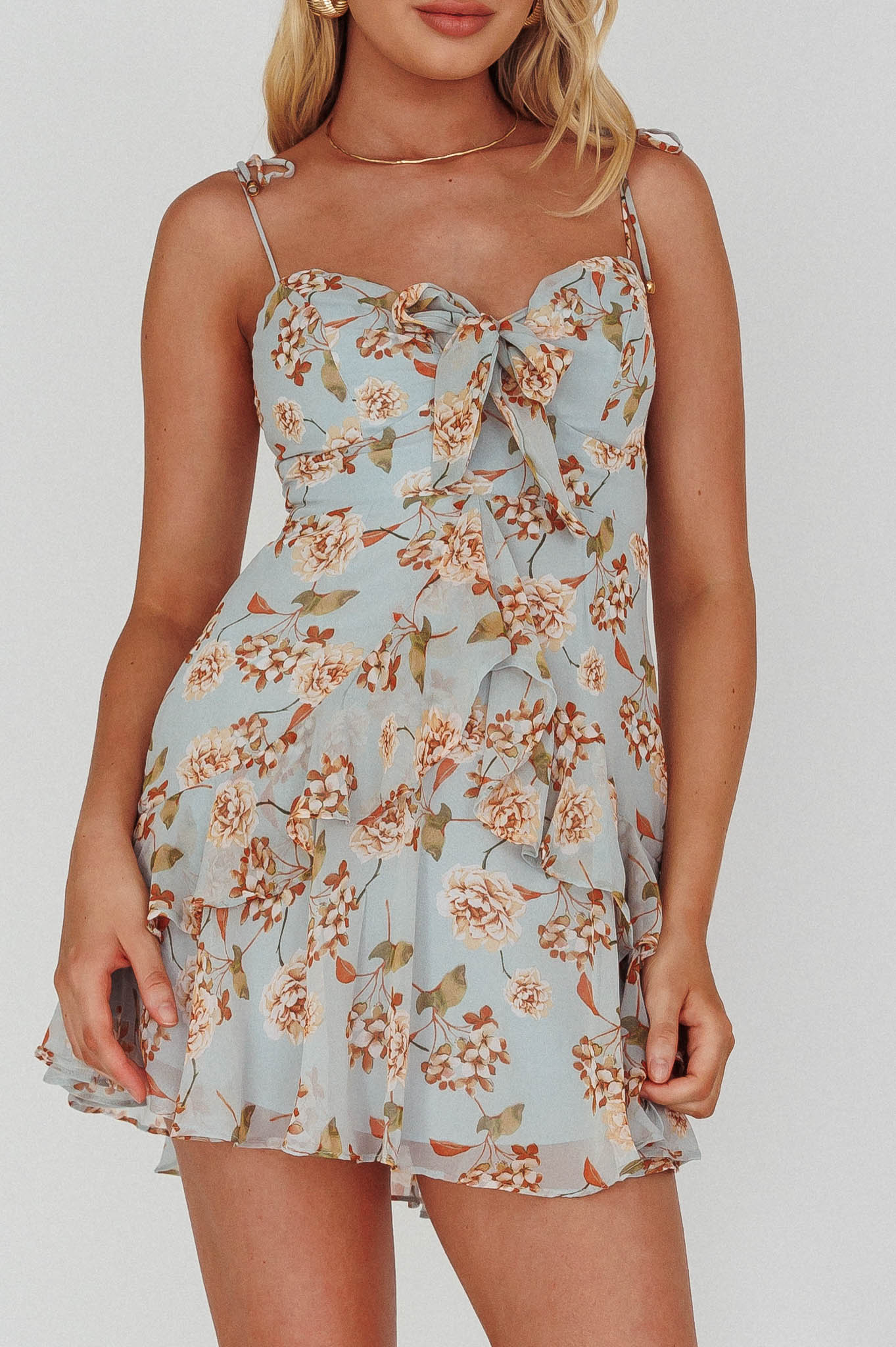 Flower Child Bust Tie Ruffle Trim Dress Roses Blue by Selfie Leslie Australia