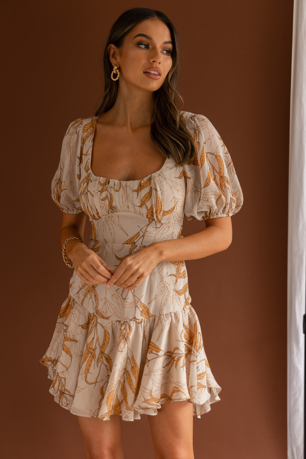 Petite Cherie Puff Sleeve Lace-Up Back Dress Leaf Print Beige by Selfie Leslie Australia