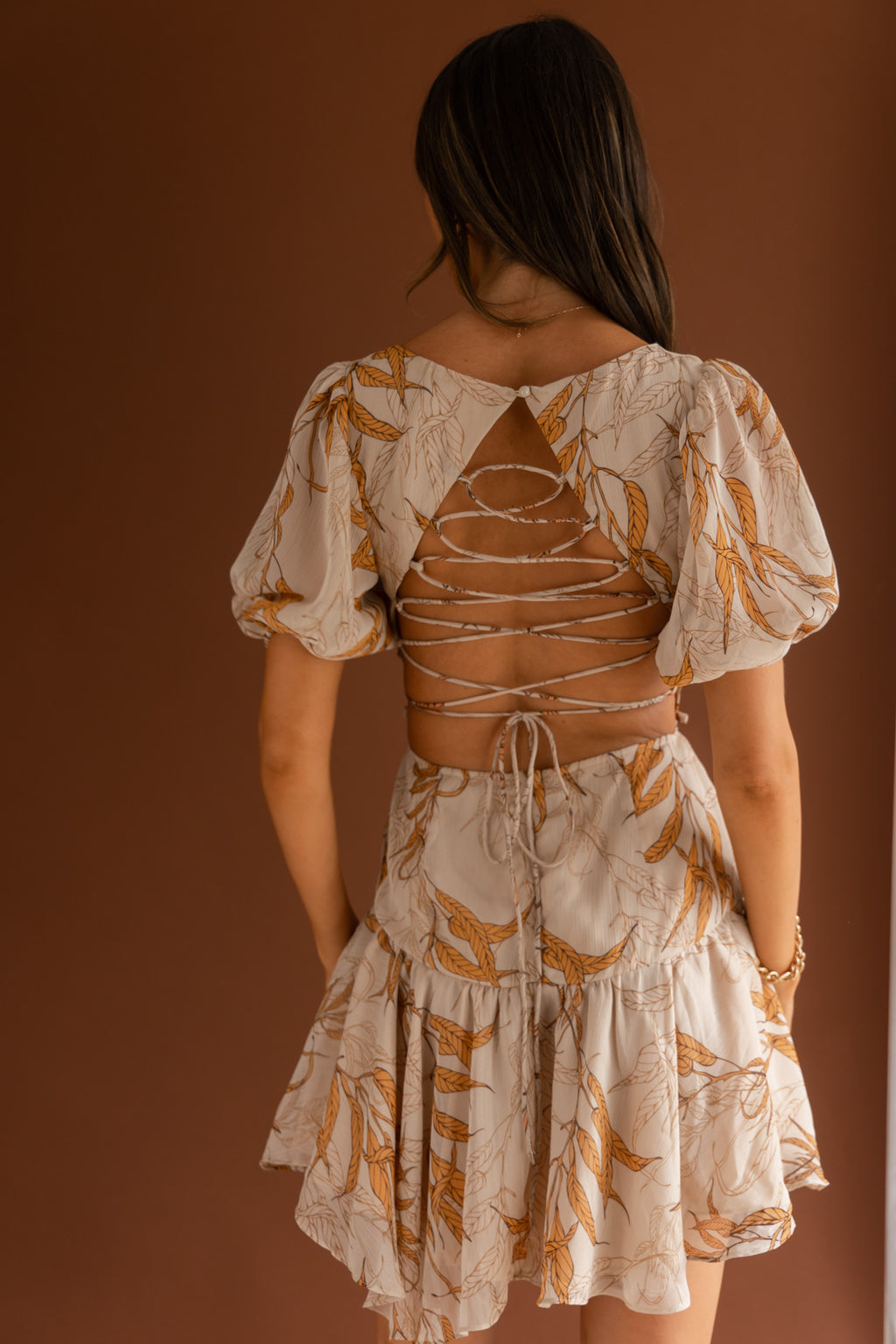 Petite Cherie Puff Sleeve Lace-Up Back Dress Leaf Print Beige by Selfie Leslie Australia