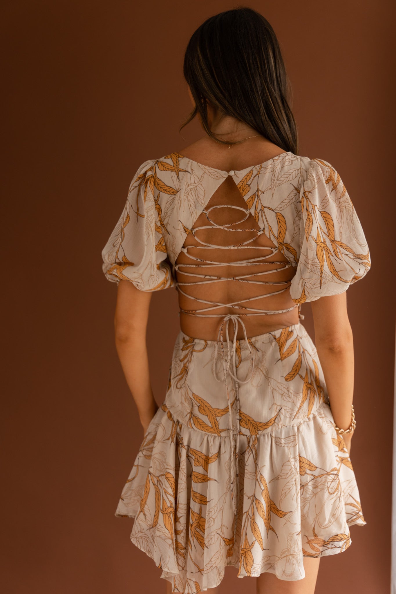Petite Cherie Puff Sleeve Lace-Up Back Dress Leaf Print Beige by Selfie Leslie Australia