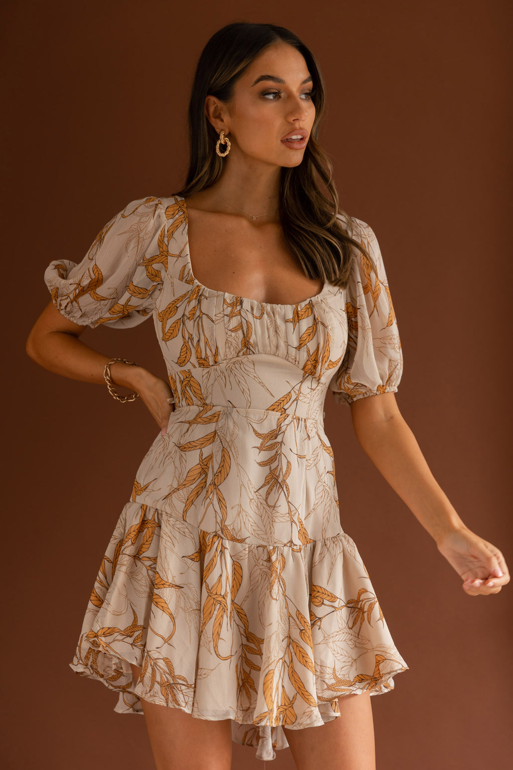 Petite Cherie Puff Sleeve Lace-Up Back Dress Leaf Print Beige by Selfie Leslie Australia