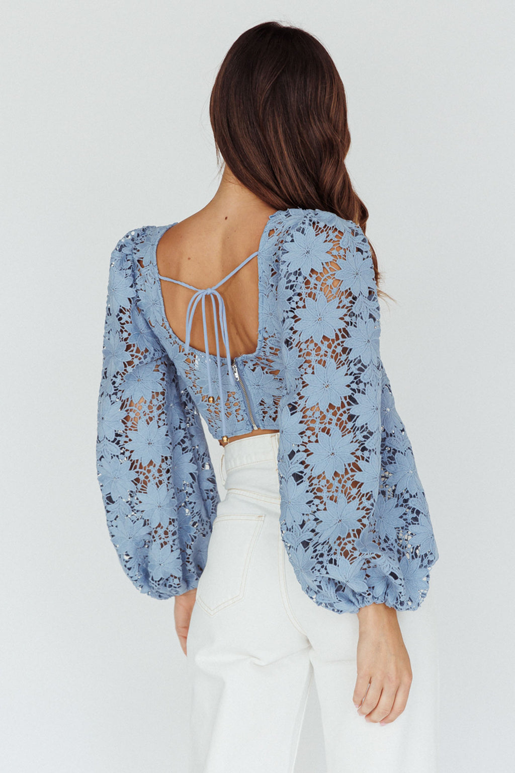 Arriana Balloon Sleeve Lace Crop Top Blue by Selfie Leslie Australia