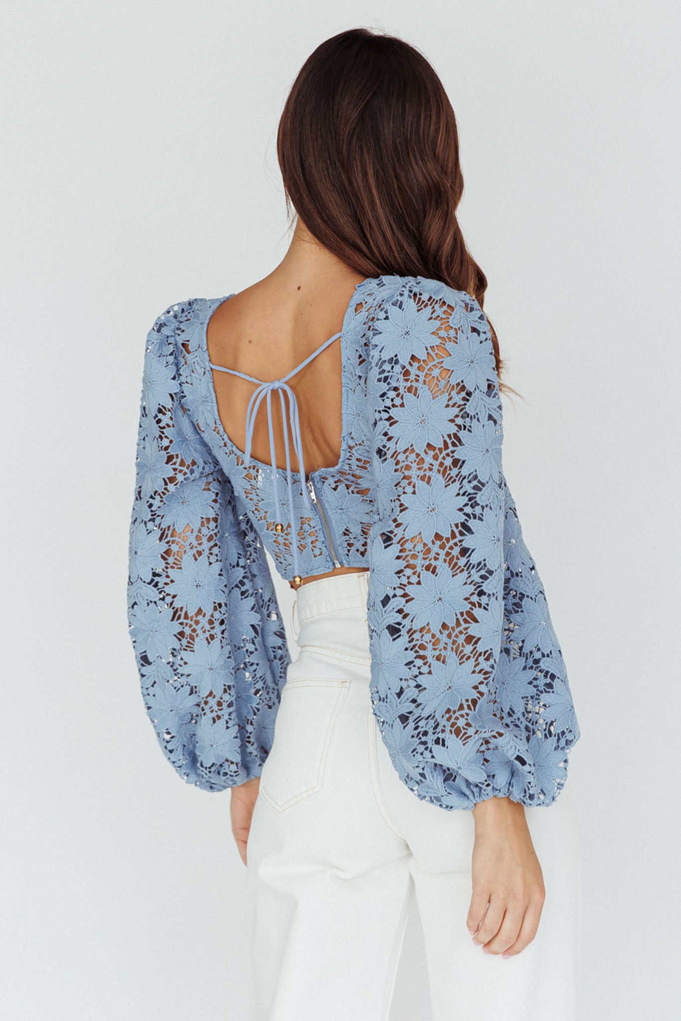 Arriana Balloon Sleeve Lace Crop Top Blue by Selfie Leslie Australia