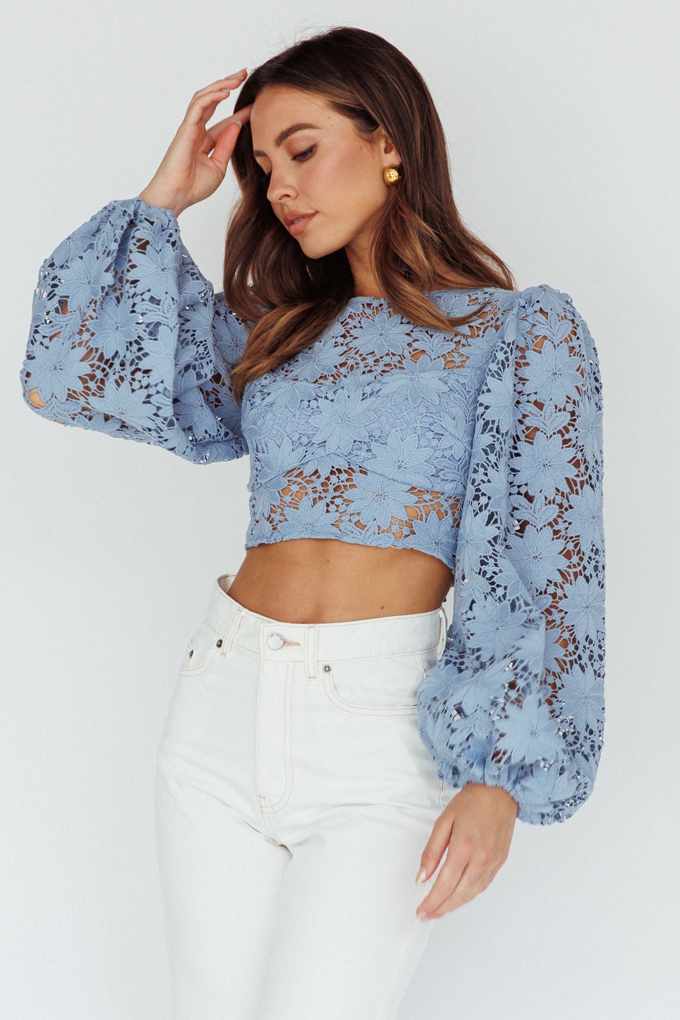 Arriana Balloon Sleeve Lace Crop Top Blue by Selfie Leslie Australia