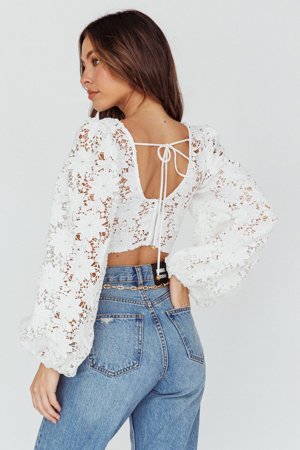 Arriana Balloon Sleeve Lace Crop Top White by Selfie Leslie Australia