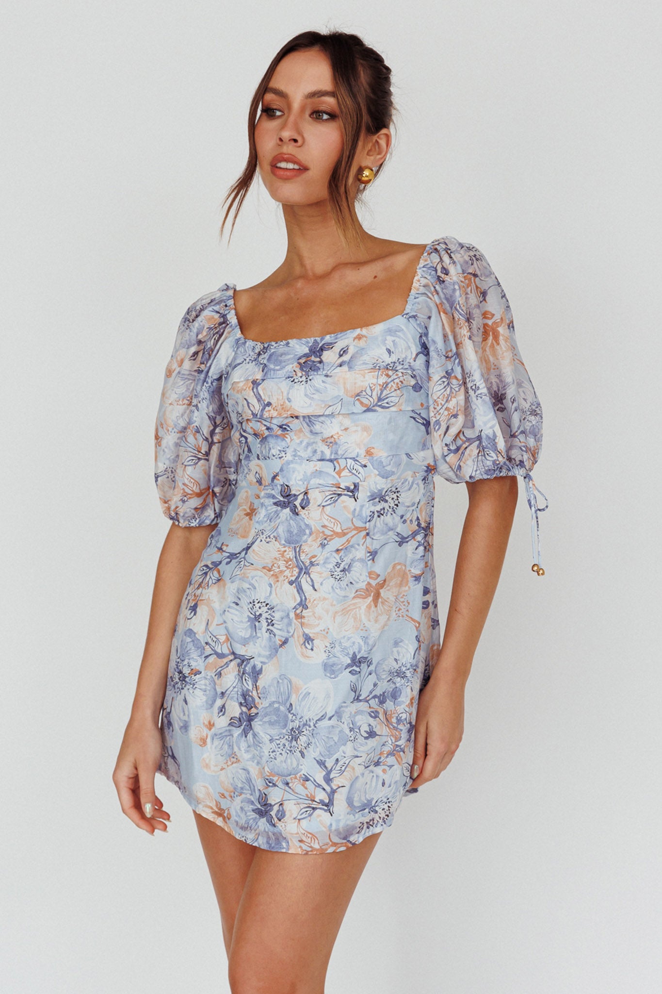 Addicted To Love Pleated Bust Dress Floral Blue/Mocha by Selfie Leslie Australia