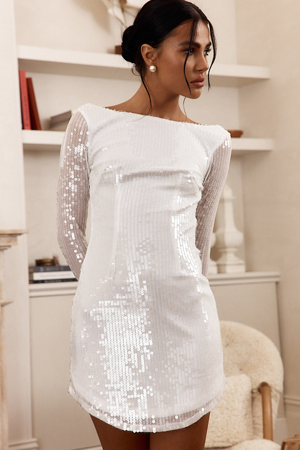 Karma Long Sleeve Keyhole Back Sequin Dress White by Selfie Leslie Australia