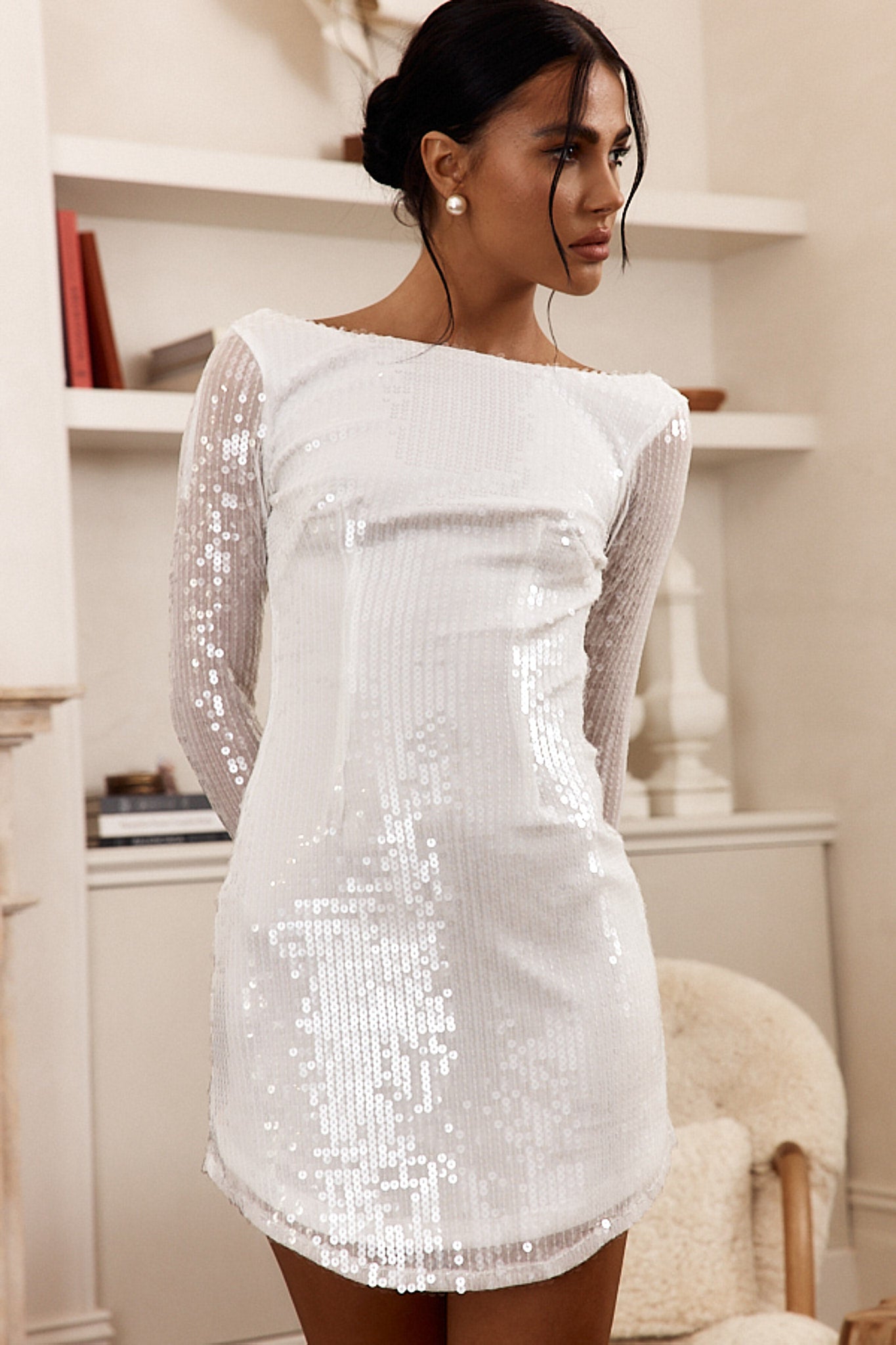 Karma Long Sleeve Keyhole Back Sequin Dress White by Selfie Leslie Australia