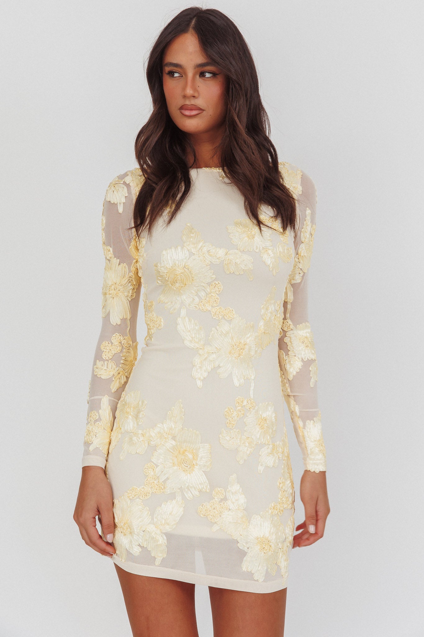 Karma Long Sleeve Scoop Back Dress Embellished Yellow by Selfie Leslie Australia
