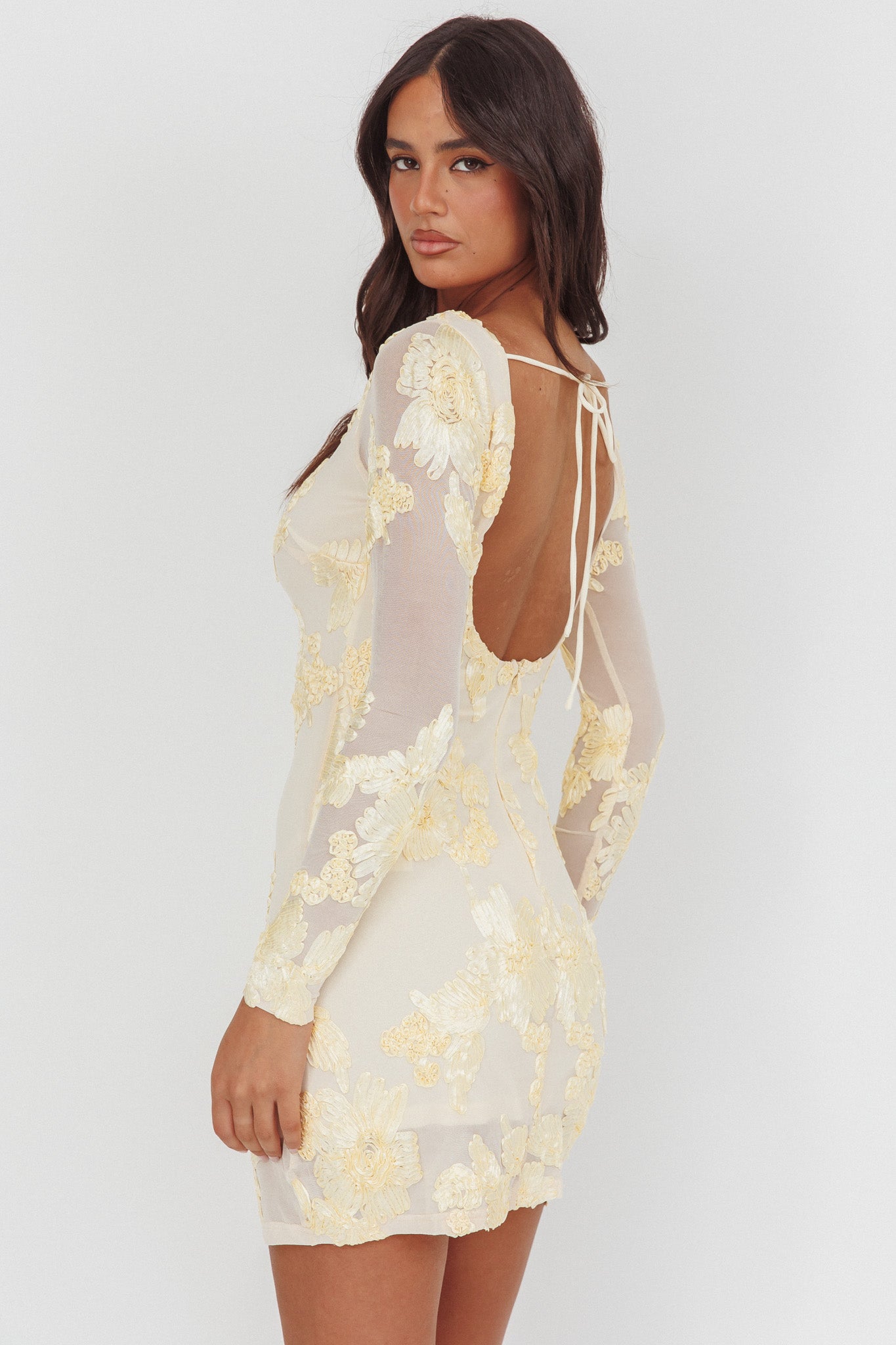 Karma Long Sleeve Scoop Back Dress Embellished Yellow by Selfie Leslie Australia
