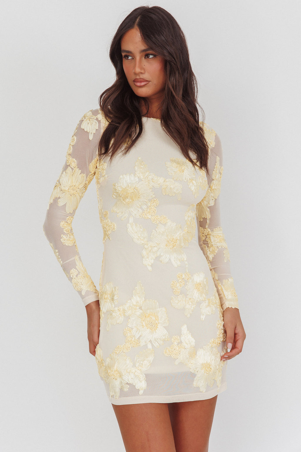 Karma Long Sleeve Scoop Back Dress Embellished Yellow by Selfie Leslie Australia