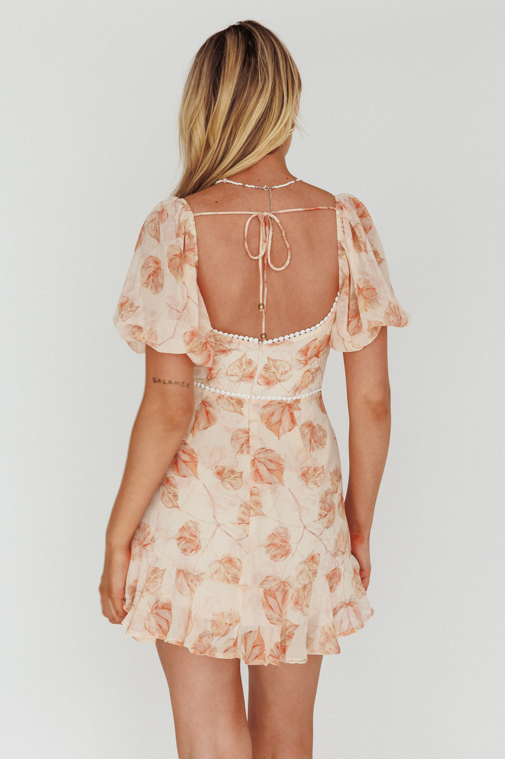 Catch Feelings Sweetheart Puff Sleeve Mini Dress Leaves Beige by Selfie Leslie Australia