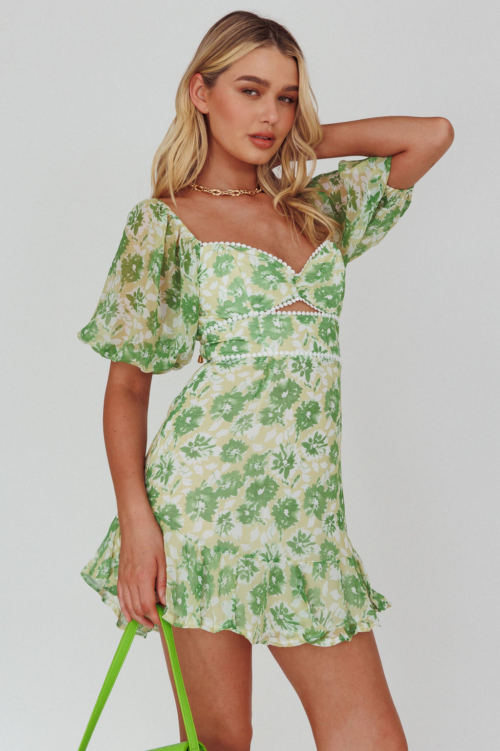 Catch Feelings Sweetheart Neckline Dot Trim Dress Floral Green by Selfie Leslie Australia