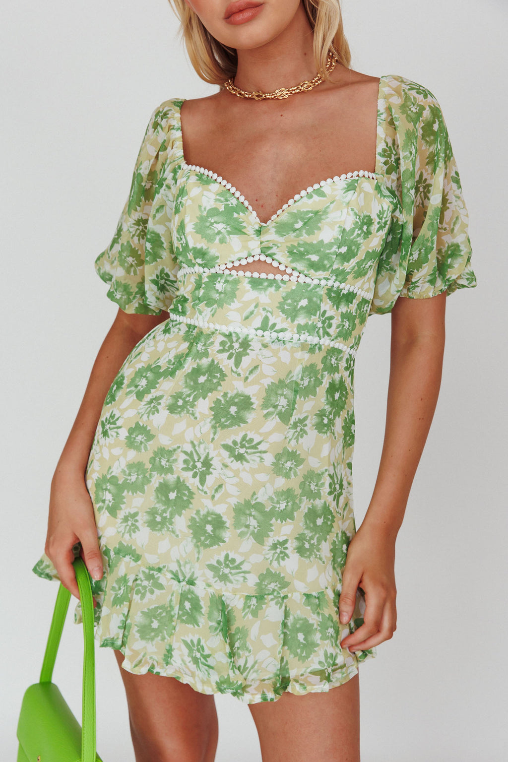 Catch Feelings Sweetheart Neckline Dot Trim Dress Floral Green by Selfie Leslie Australia