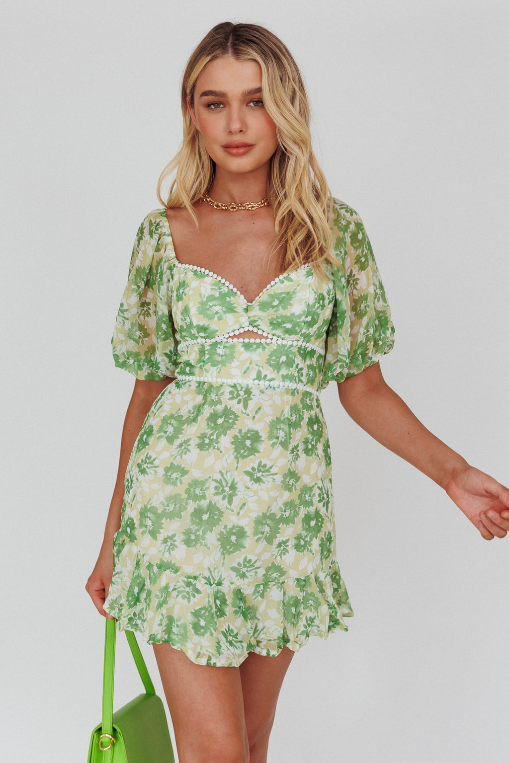 Catch Feelings Sweetheart Neckline Dot Trim Dress Floral Green by Selfie Leslie Australia