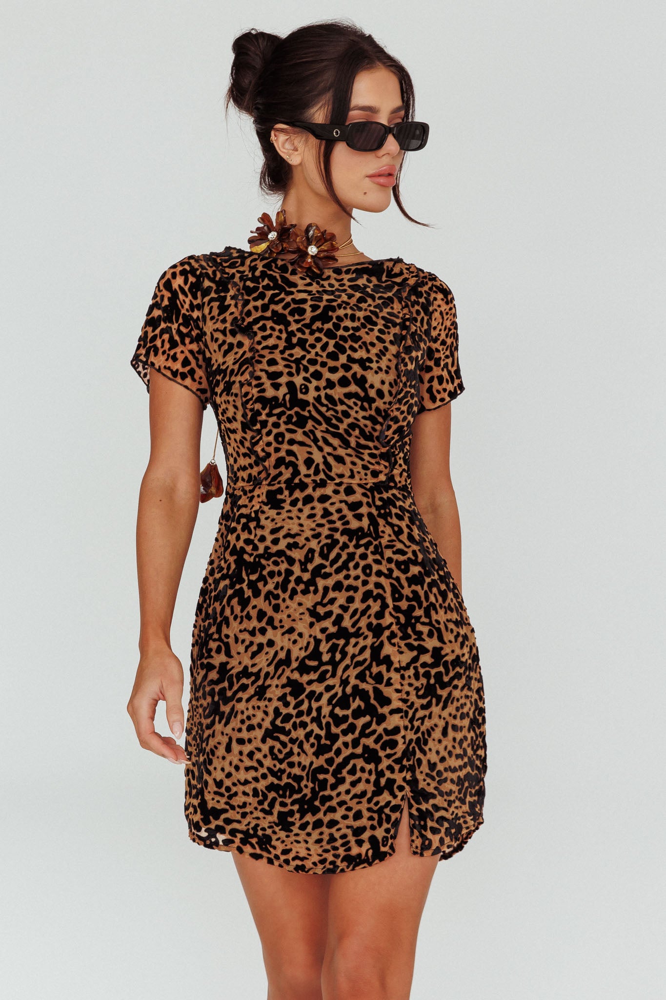 Ring Leader Short Sleeve Mini Dress Leopard Black by Selfie Leslie Australia