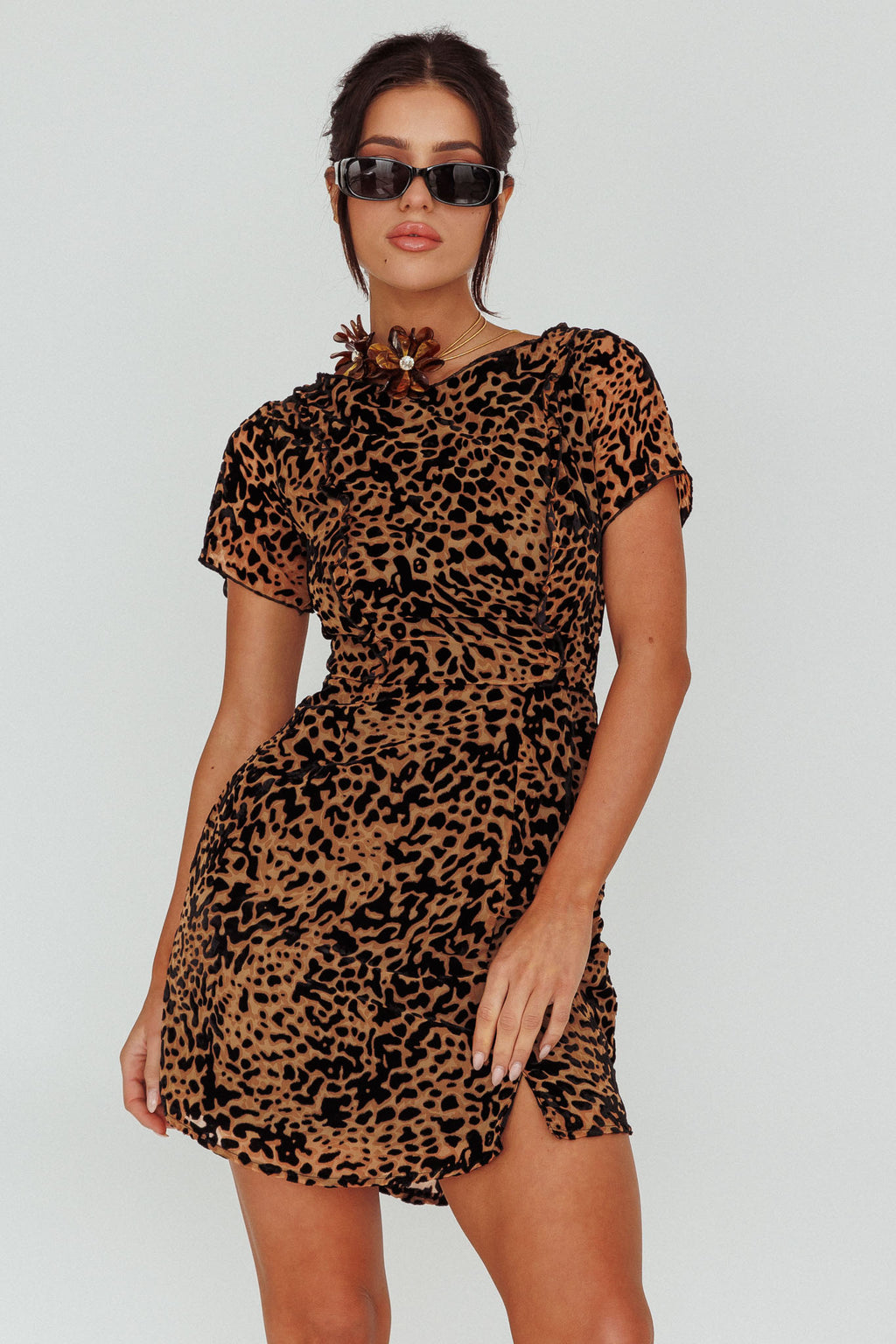 Ring Leader Short Sleeve Mini Dress Leopard Black by Selfie Leslie Australia