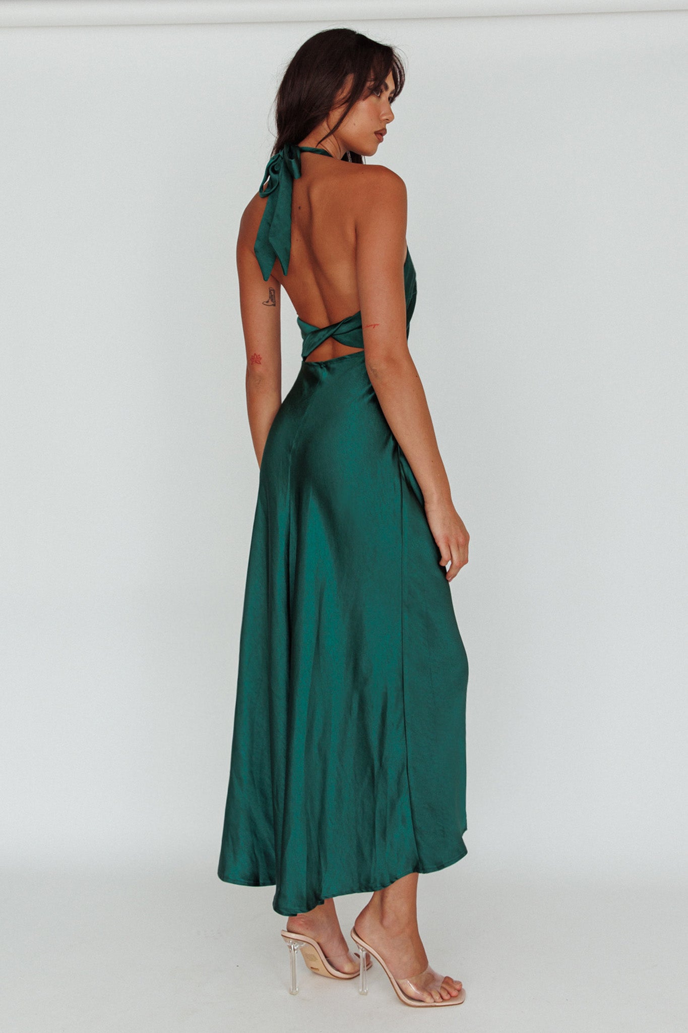 Sonoma Halterneck Faux Wrap Twist Back Maxi Dress Forest Green by Selfie Leslie Australia