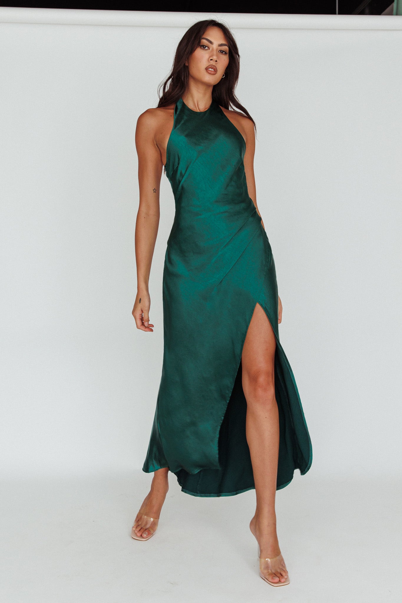 Sonoma Halterneck Faux Wrap Twist Back Maxi Dress Forest Green by Selfie Leslie Australia