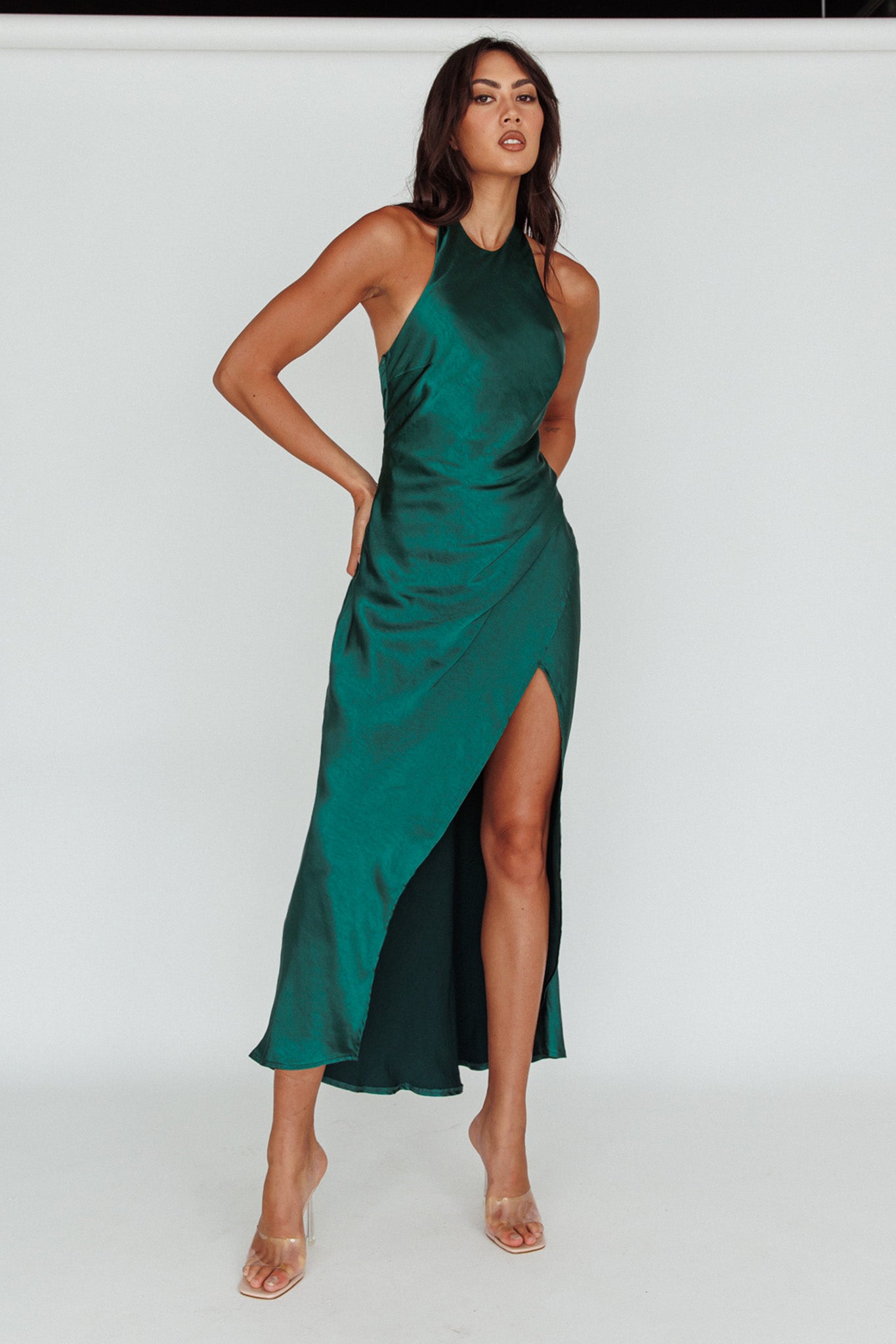 Sonoma Halterneck Faux Wrap Twist Back Maxi Dress Forest Green by Selfie Leslie Australia