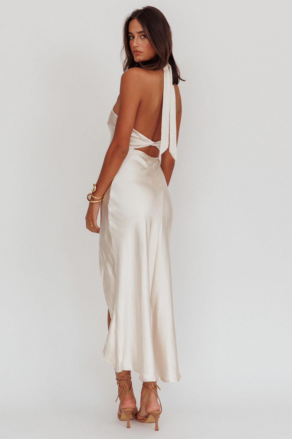 Sonoma Halterneck Twist Back Maxi Dress Champagne by Selfie Leslie Australia