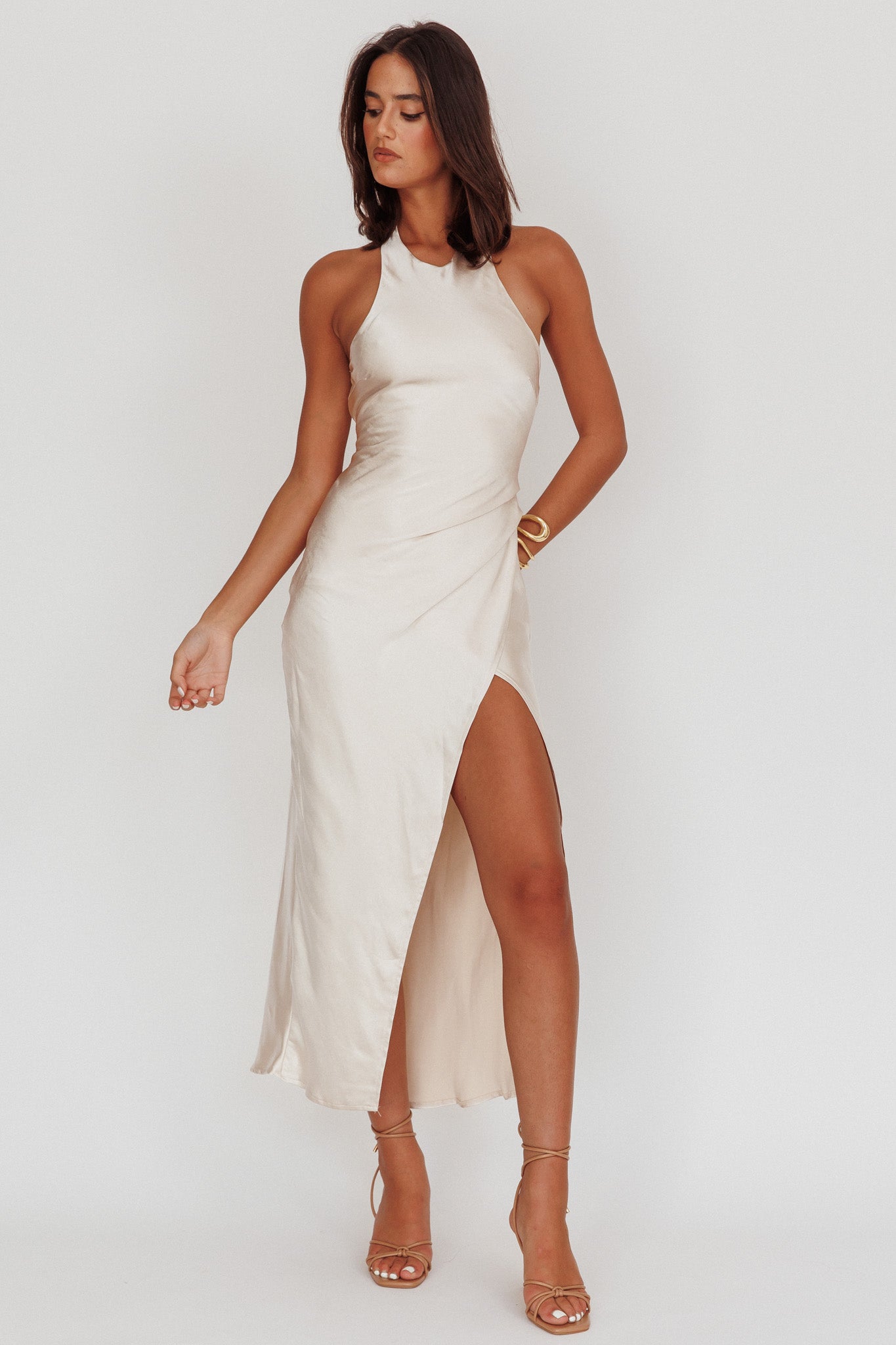 Sonoma Halterneck Twist Back Maxi Dress Champagne by Selfie Leslie Australia