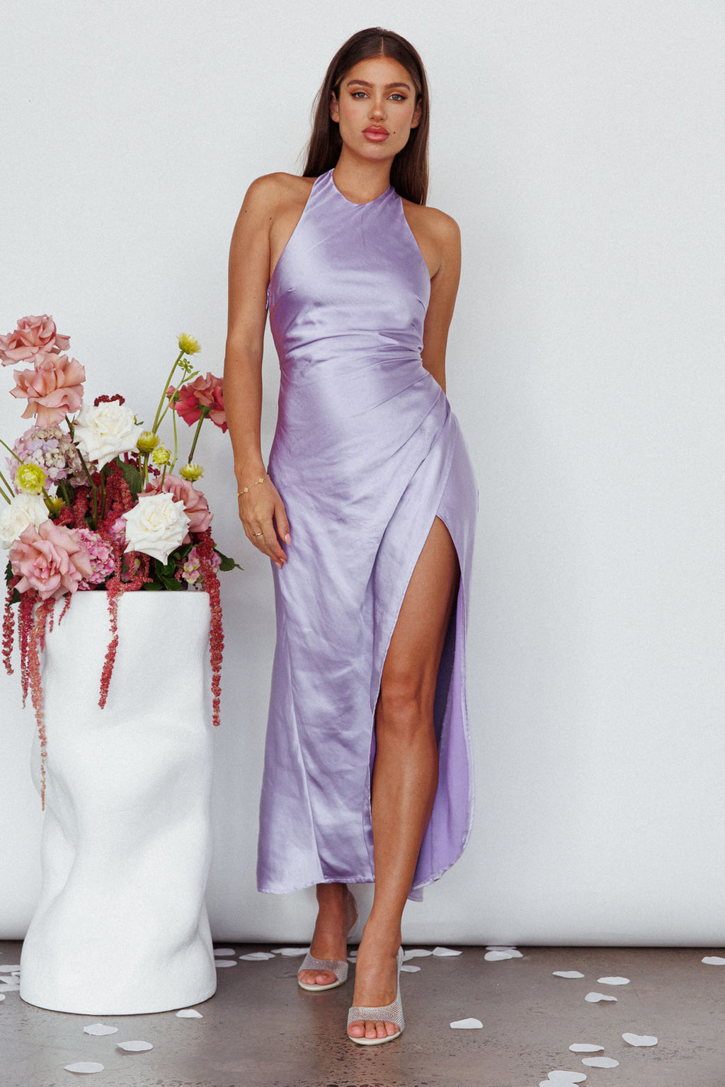 Sonoma Halterneck Faux Wrap Twist Back Maxi Dress Lavender by Selfie Leslie Australia