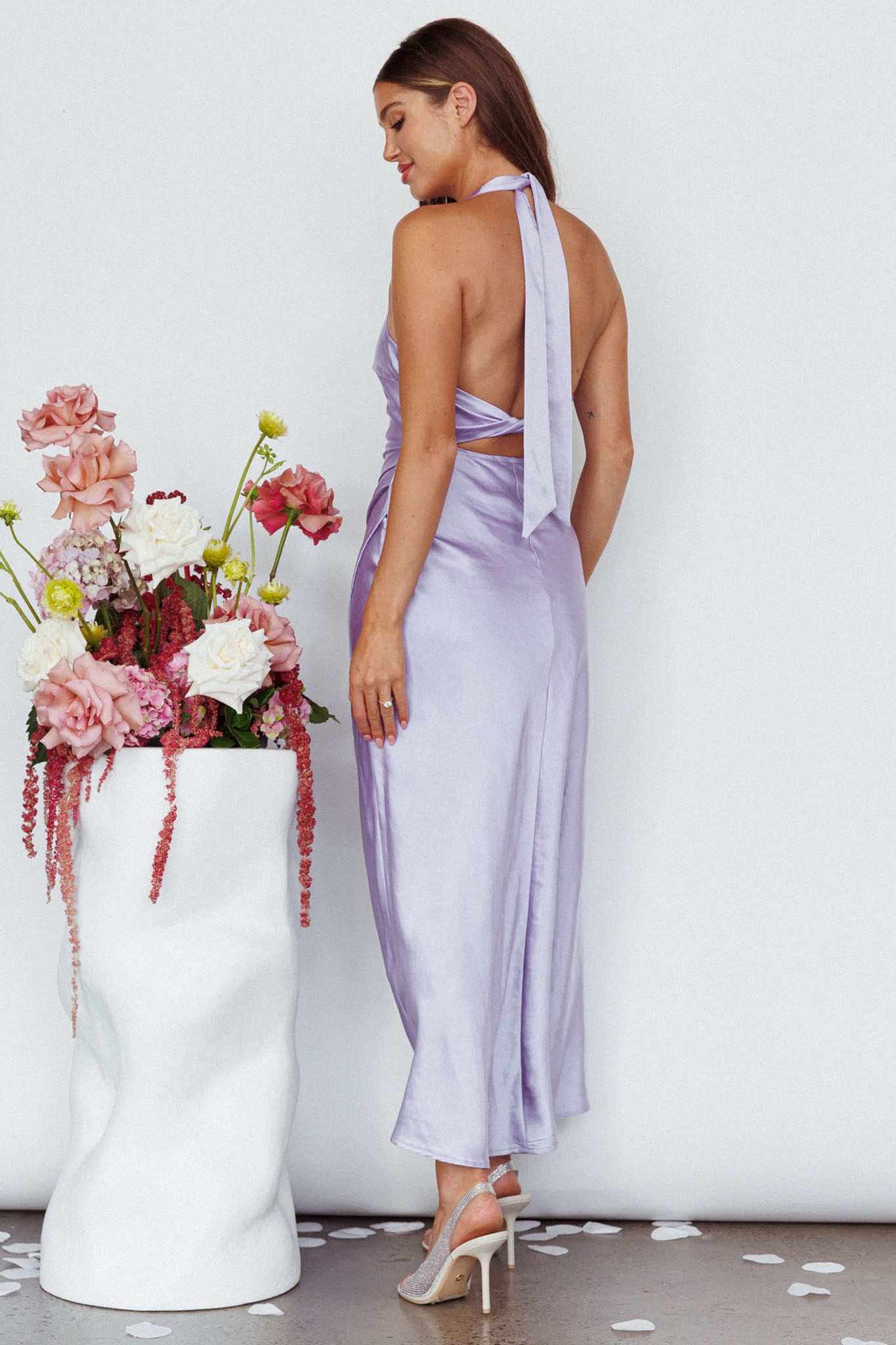 Sonoma Halterneck Faux Wrap Twist Back Maxi Dress Lavender by Selfie Leslie Australia