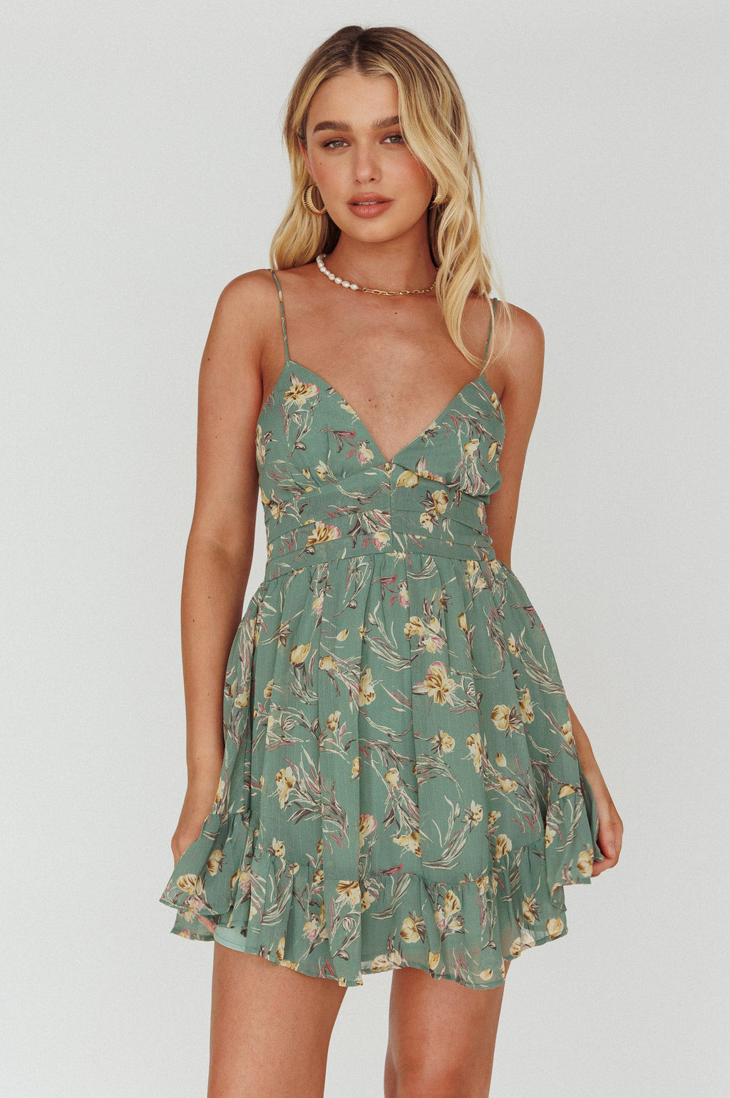 Got Love Frill Hem Mini Dress Floral Sage by Selfie Leslie Australia