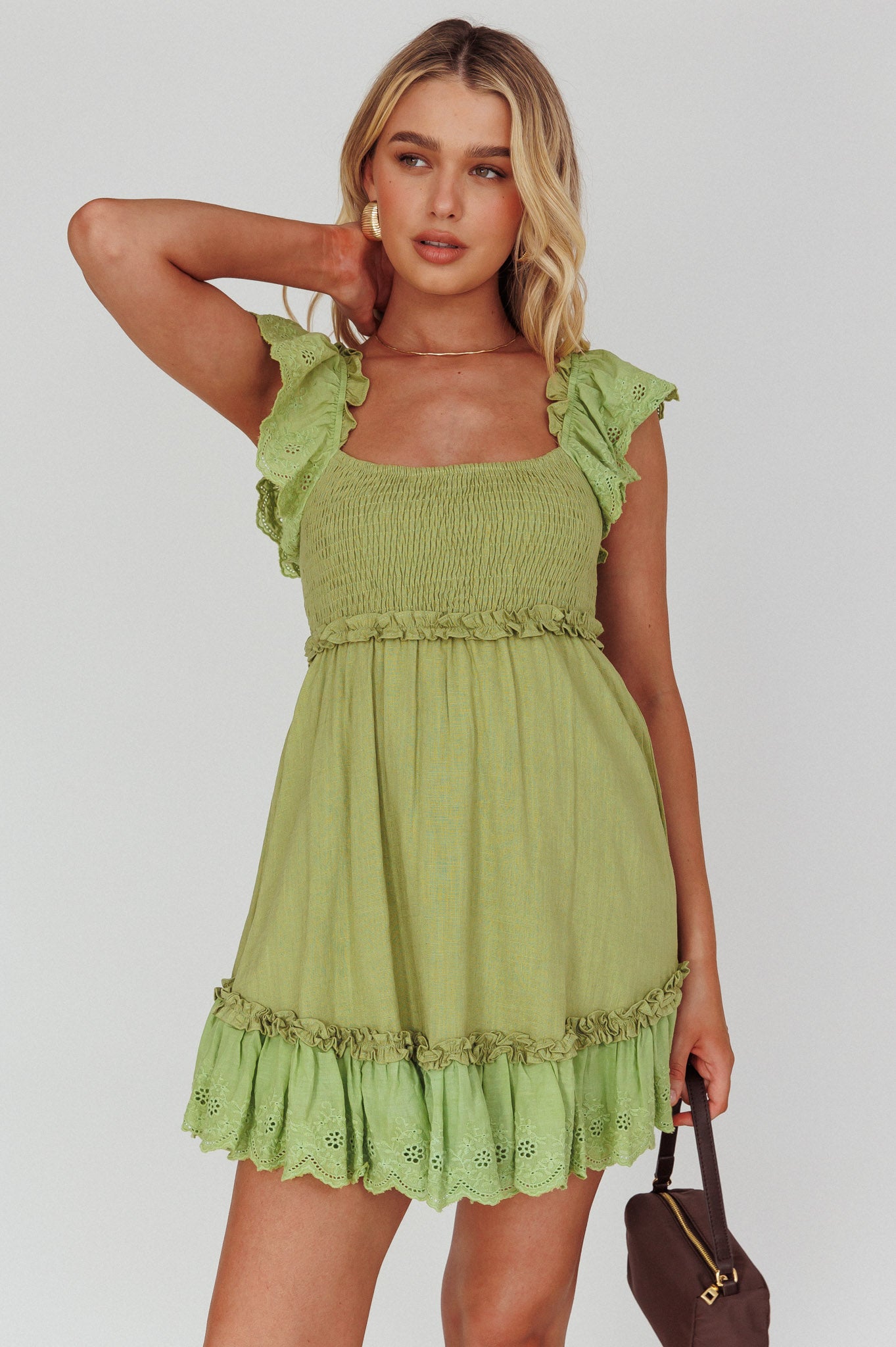Bay Breeze Frill Shoulder Shirred Bodice Dress Olive by Selfie Leslie Australia