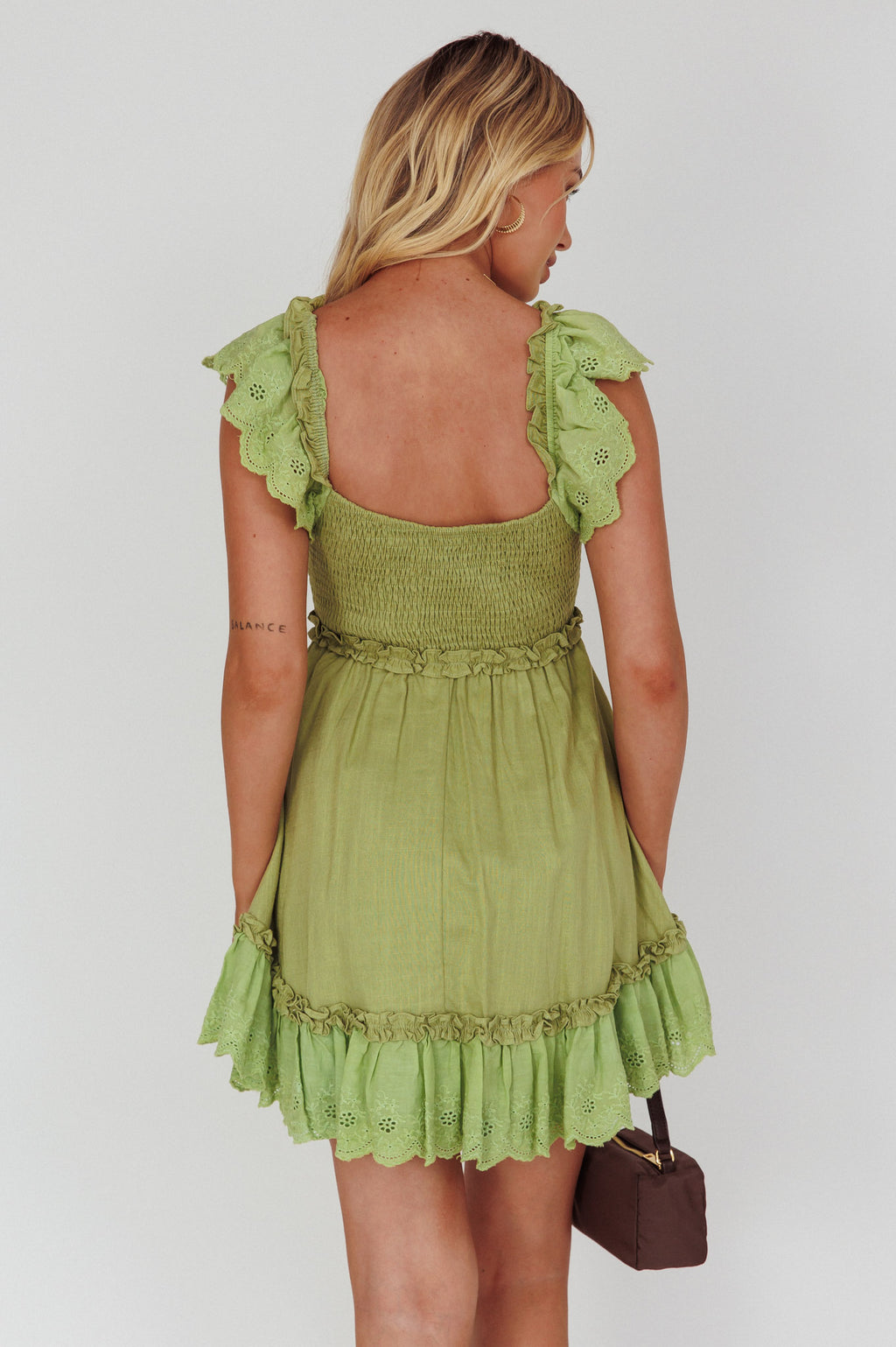Bay Breeze Frill Shoulder Shirred Bodice Dress Olive by Selfie Leslie Australia