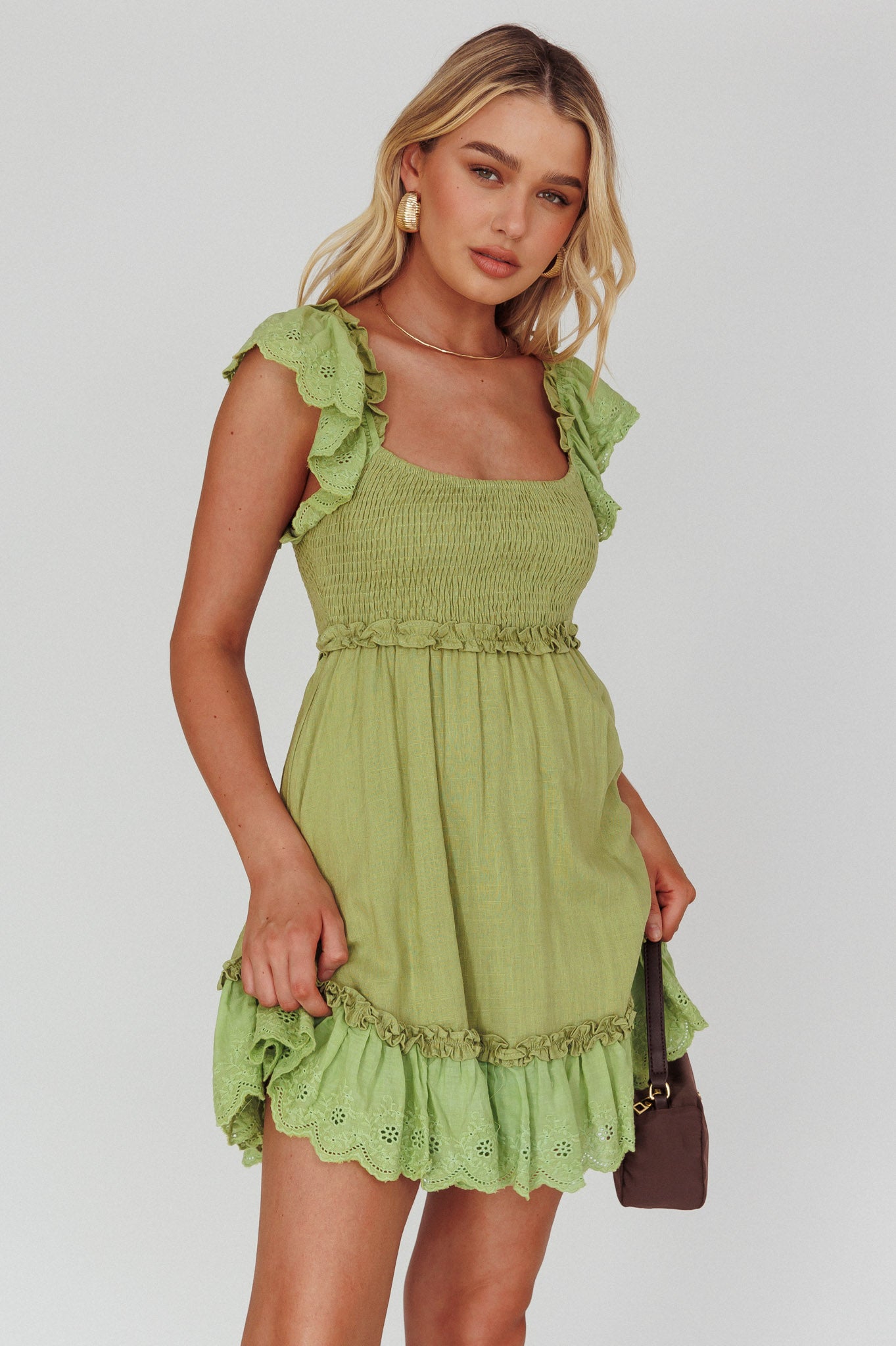 Bay Breeze Frill Shoulder Shirred Bodice Dress Olive by Selfie Leslie Australia