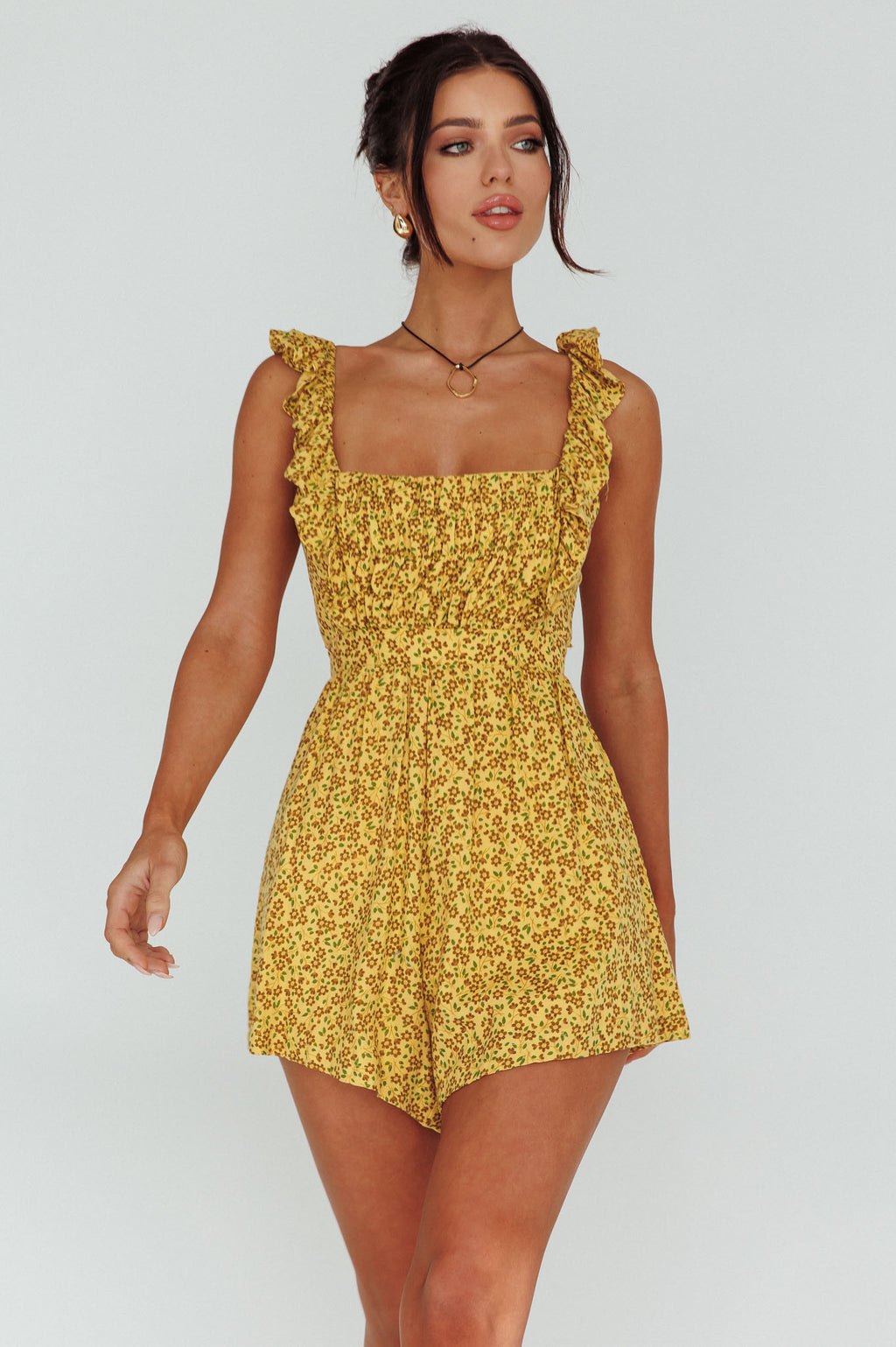 Lazy Sunday Frill Strap Tie-Up Back Romper Floral Print Mustard by Selfie Leslie Australia