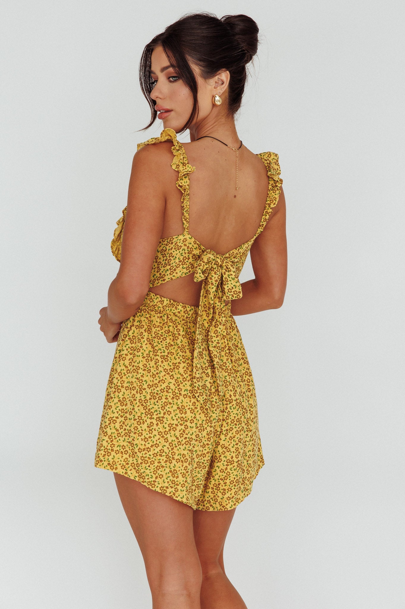 Lazy Sunday Frill Strap Tie-Up Back Romper Floral Print Mustard by Selfie Leslie Australia