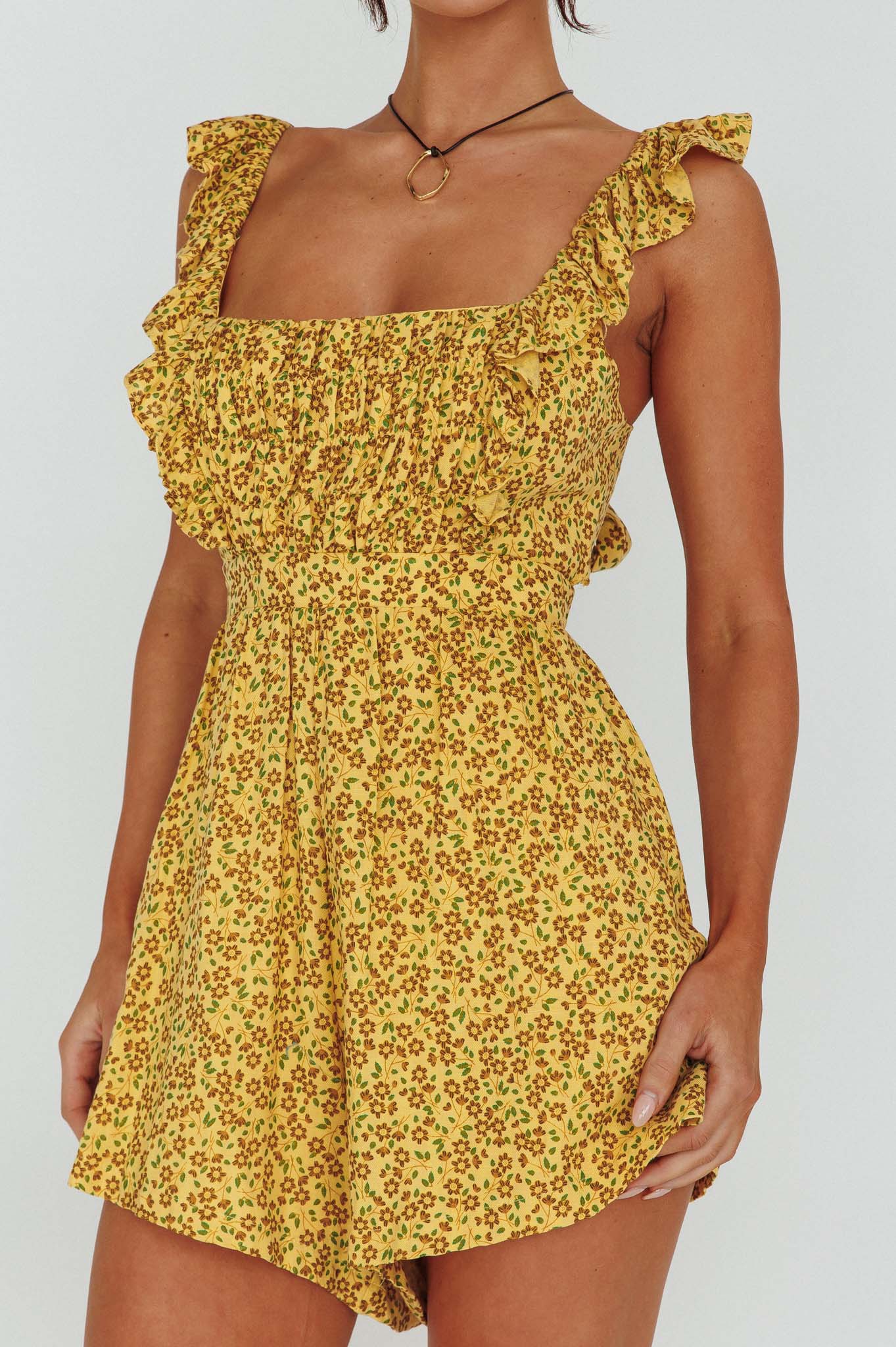 Lazy Sunday Frill Strap Tie-Up Back Romper Floral Print Mustard by Selfie Leslie Australia