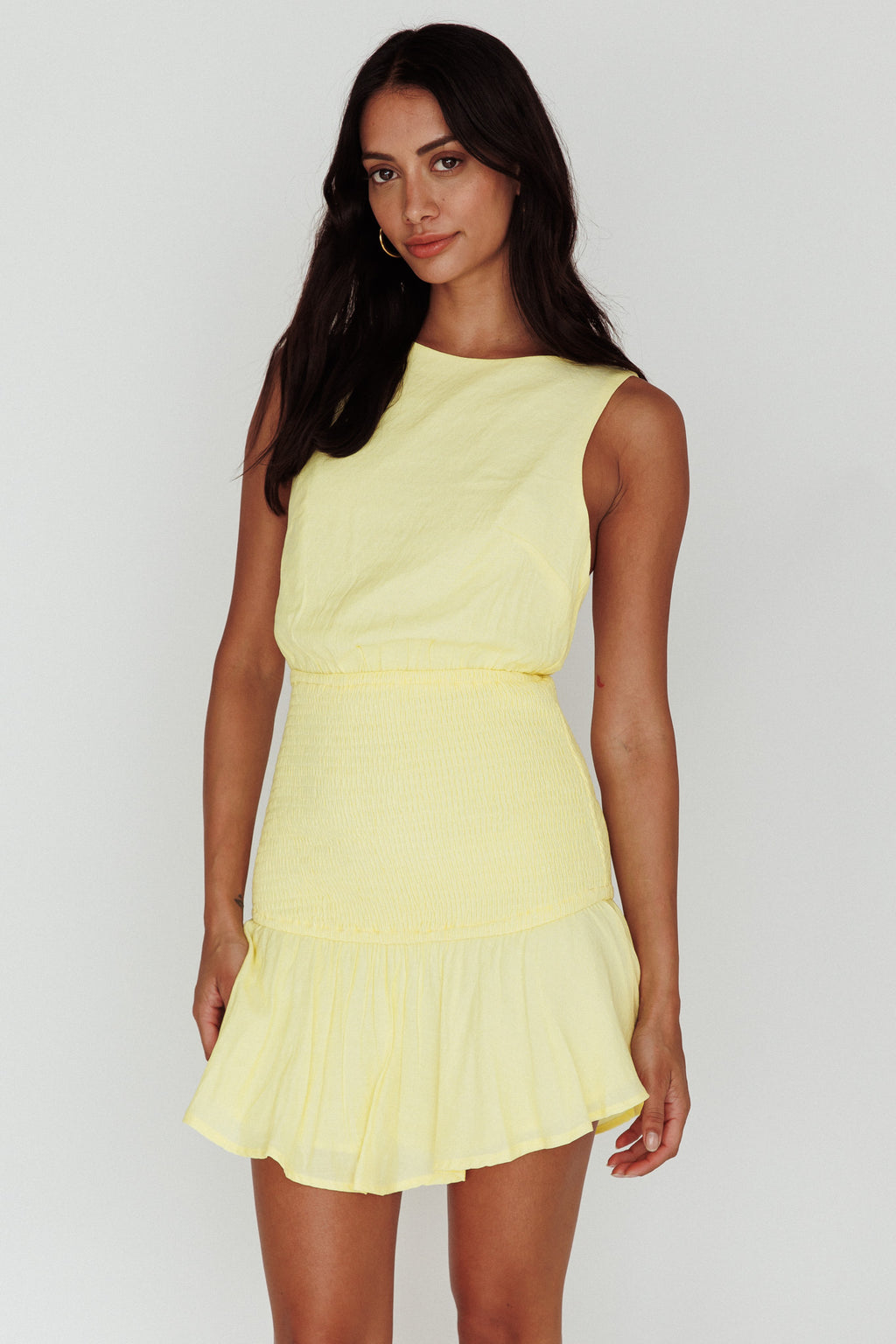 Antonine Elasticated Straps Shirred Waist Mini Dress Lemon by Selfie Leslie Australia