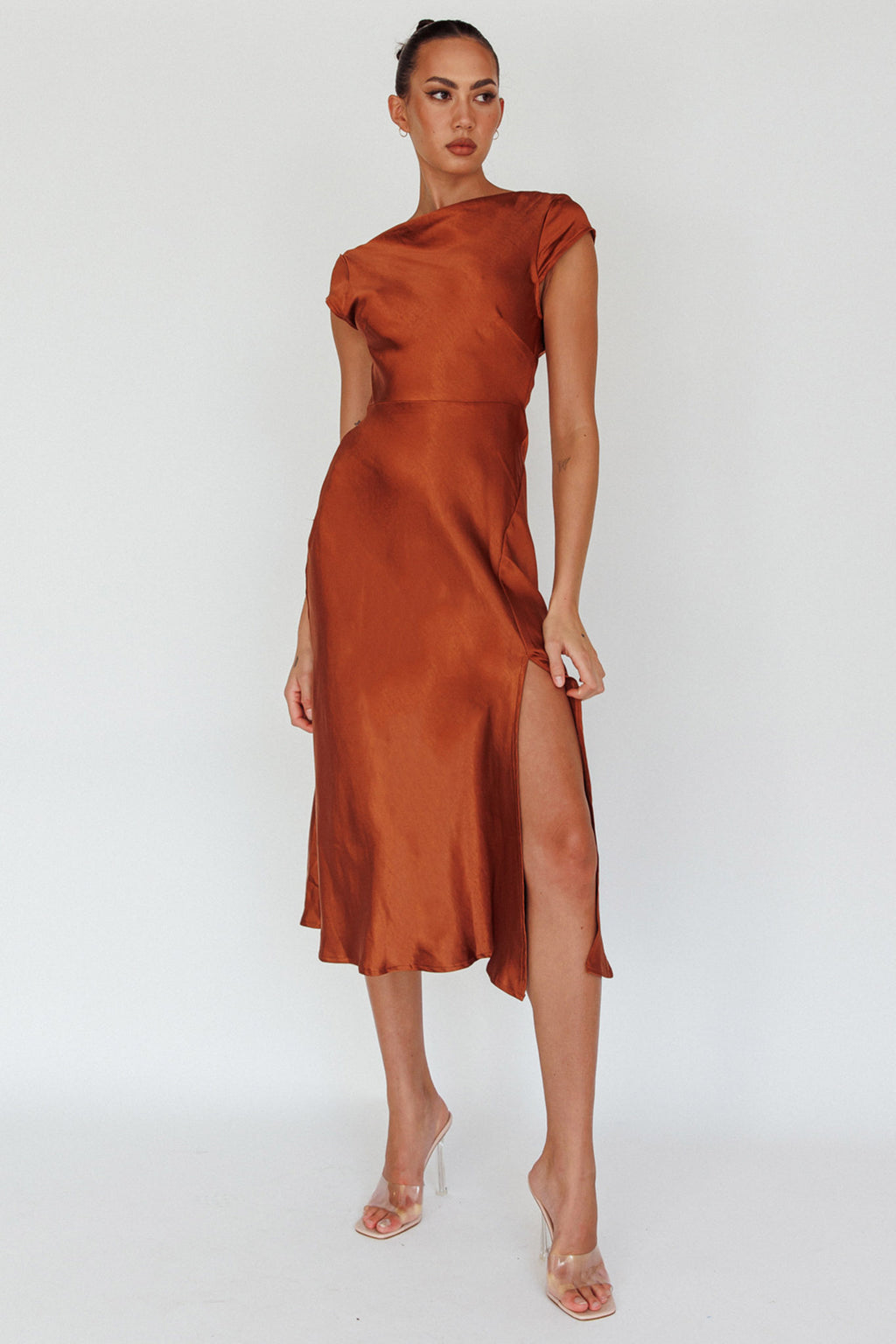 Lucinda Twist Back Midi Dress Brown by Selfie Leslie Australia