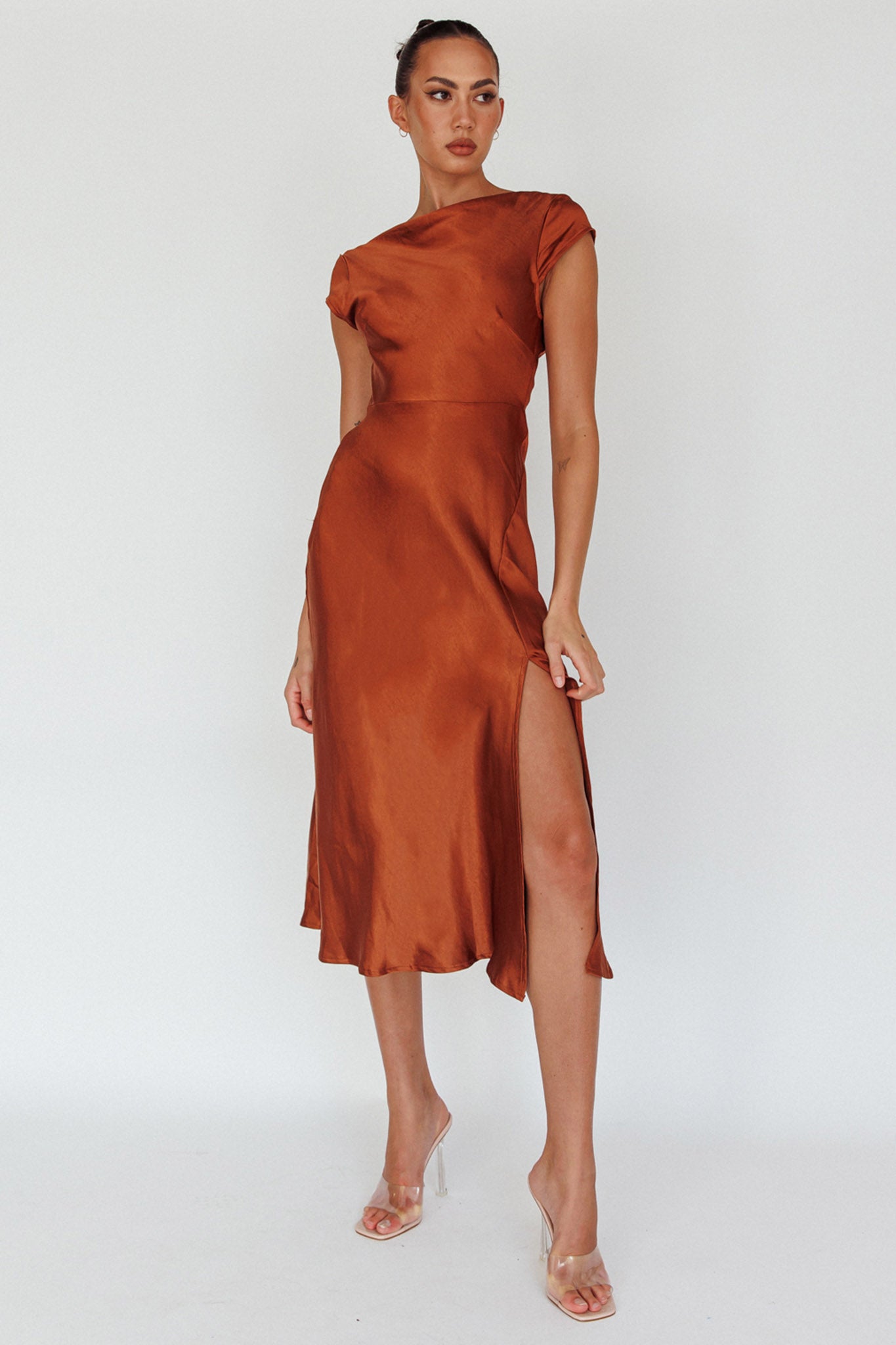 Lucinda Twist Back Midi Dress Brown by Selfie Leslie Australia