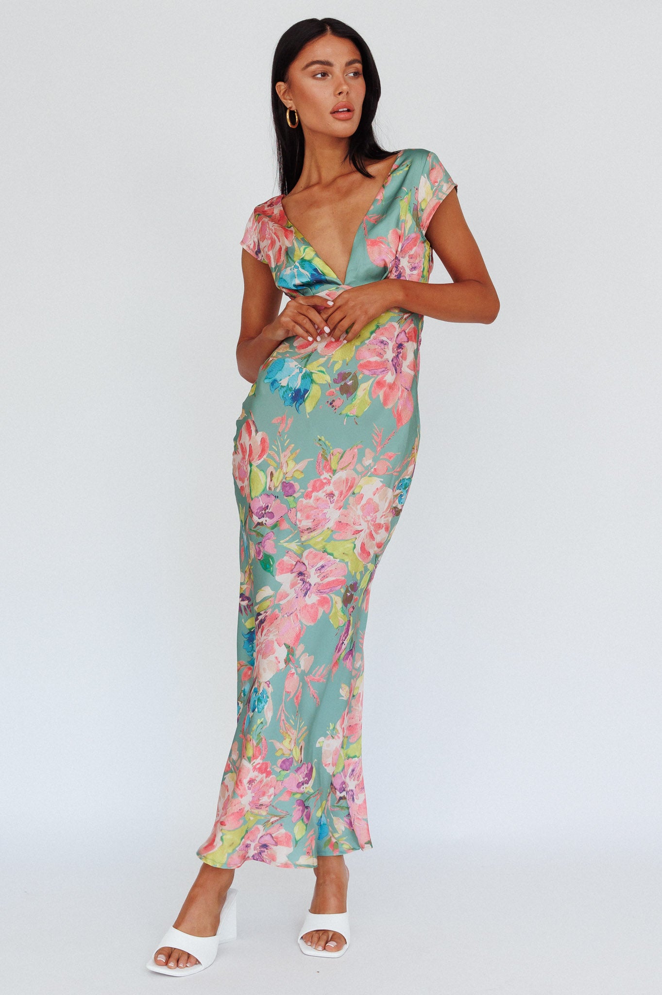 Lucinda Cap Sleeve Twist Back Midi Dress Floral Olive by Selfie Leslie Australia