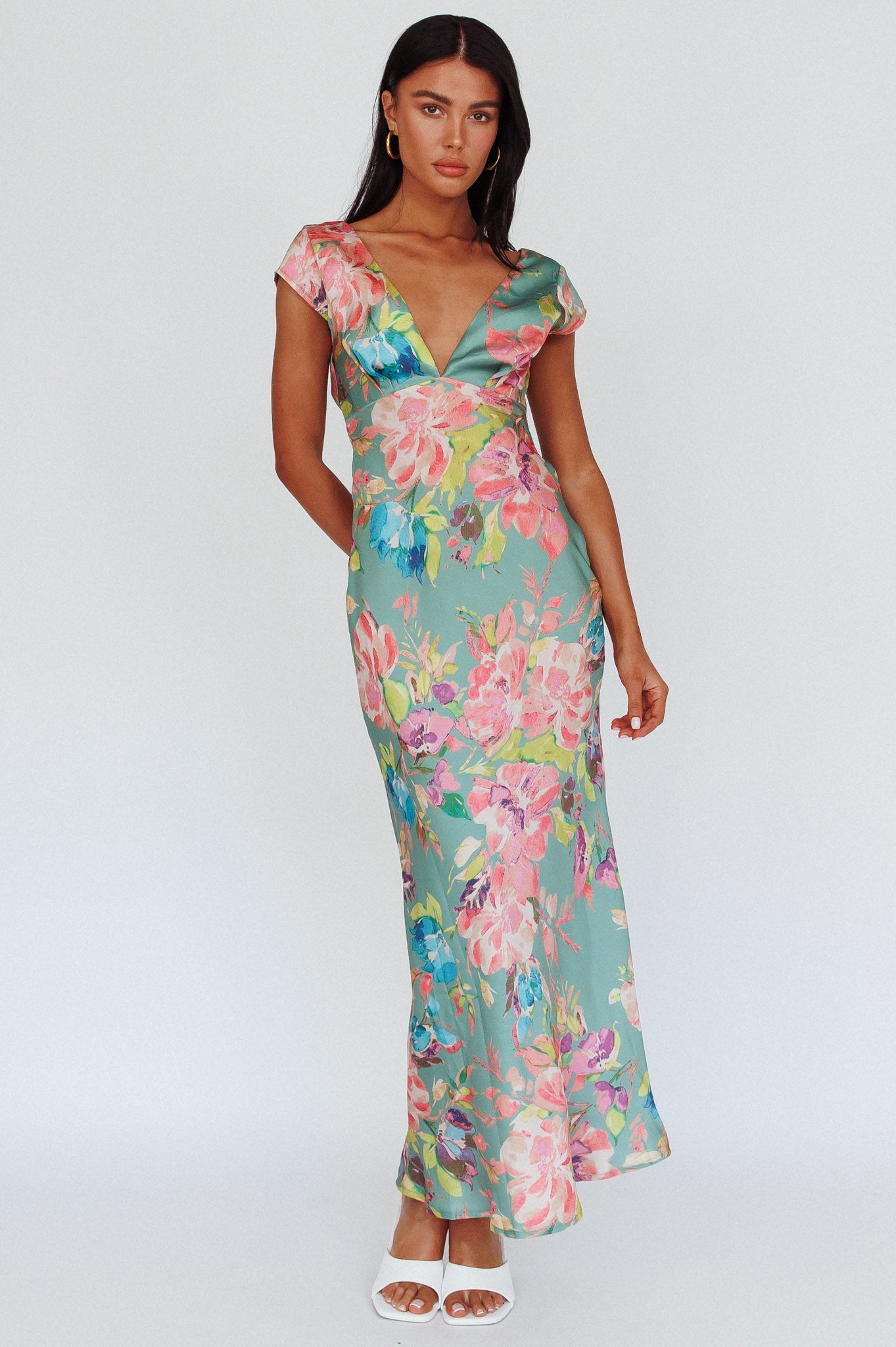 Lucinda Cap Sleeve Twist Back Midi Dress Floral Olive by Selfie Leslie Australia
