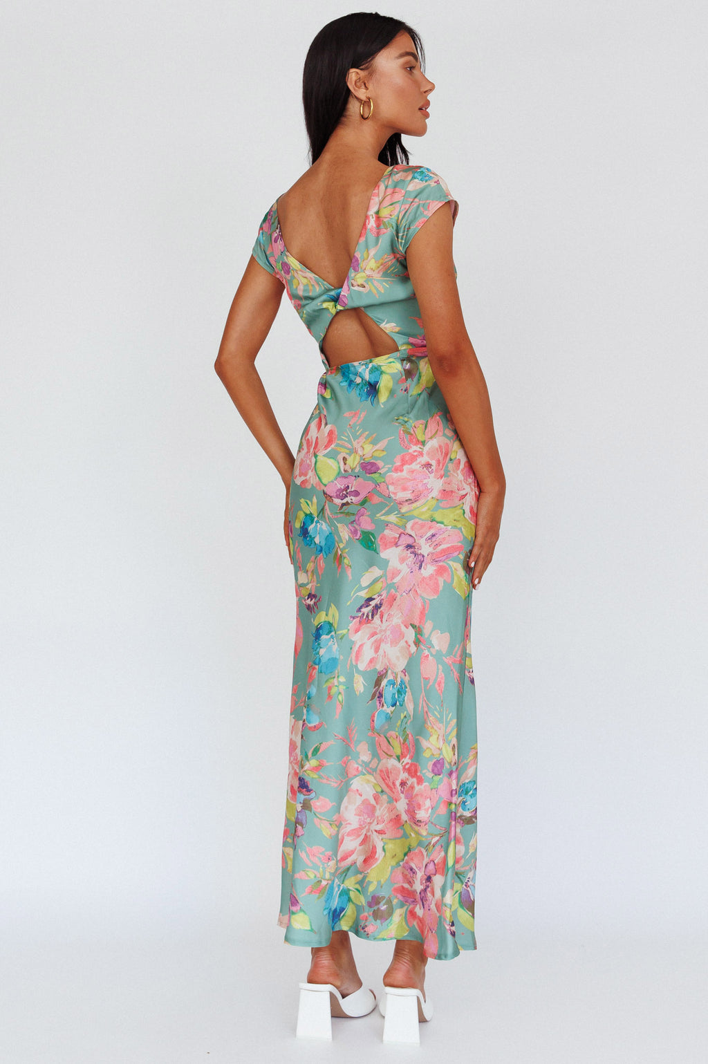 Lucinda Cap Sleeve Twist Back Midi Dress Floral Olive by Selfie Leslie Australia