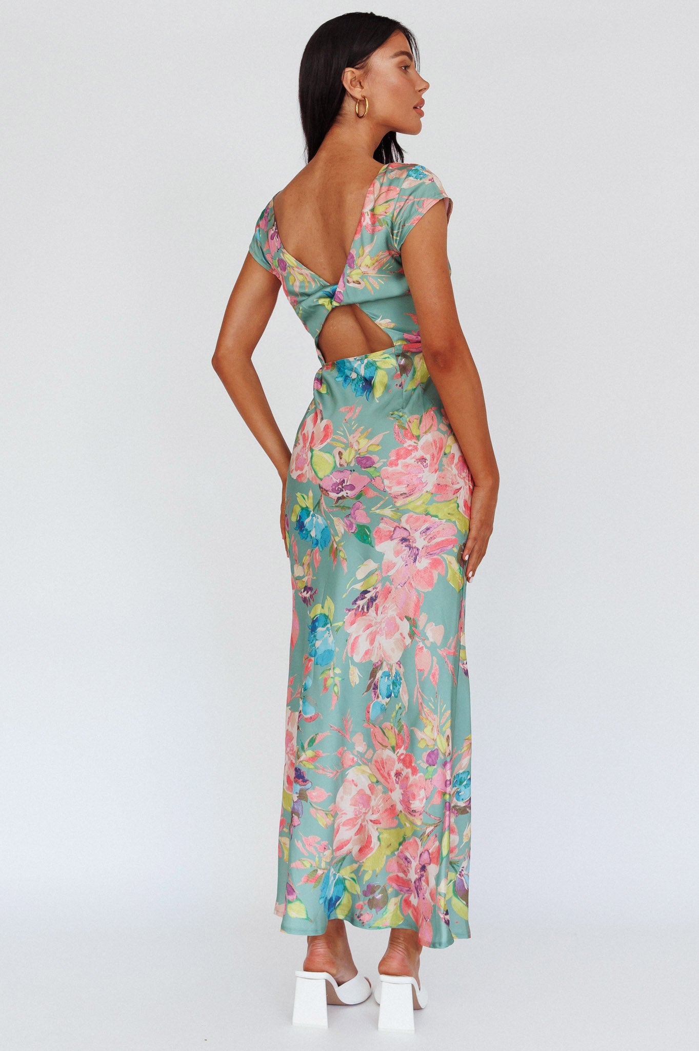 Lucinda Cap Sleeve Twist Back Midi Dress Floral Olive by Selfie Leslie Australia