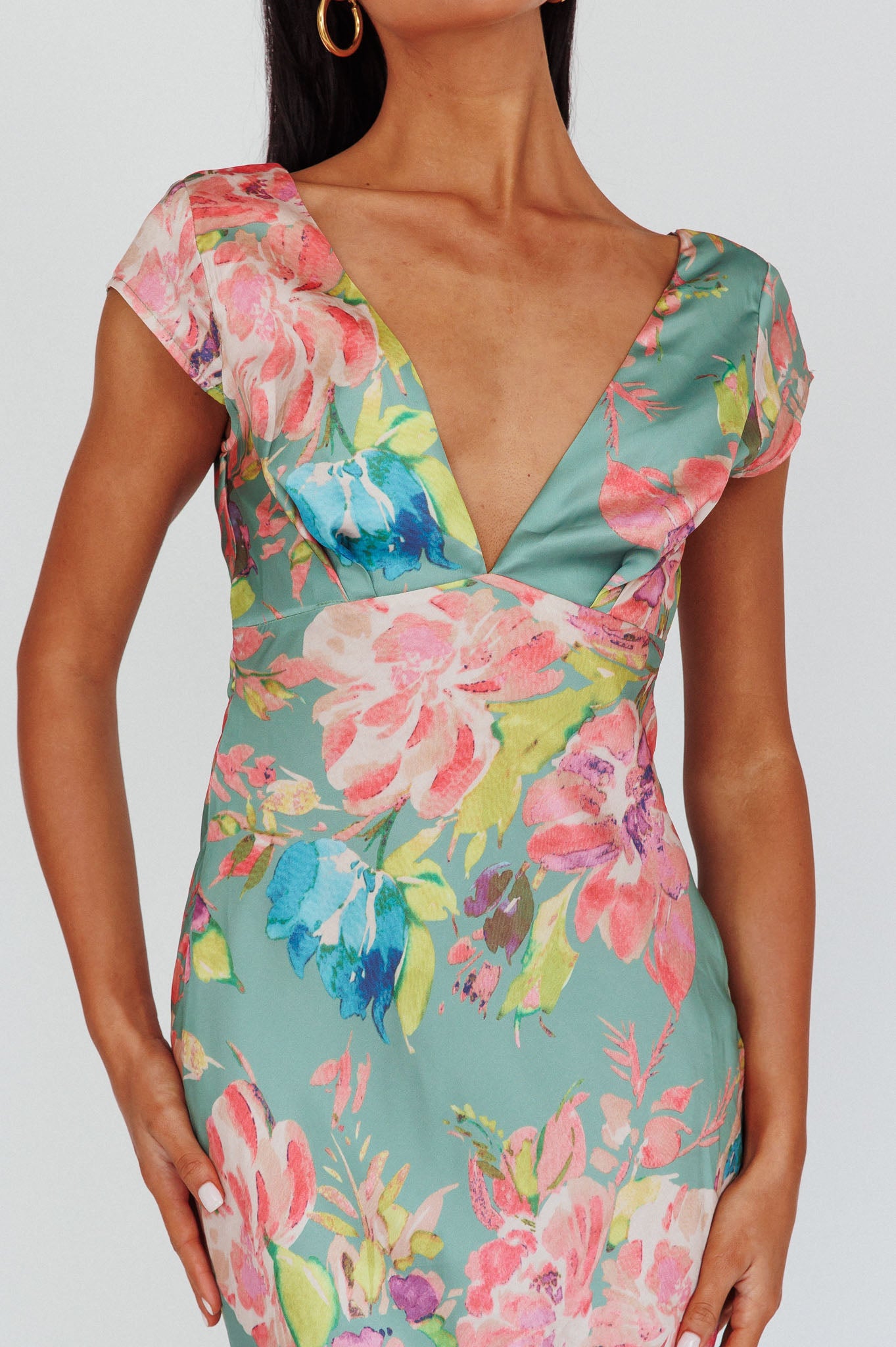 Lucinda Cap Sleeve Twist Back Midi Dress Floral Olive by Selfie Leslie Australia