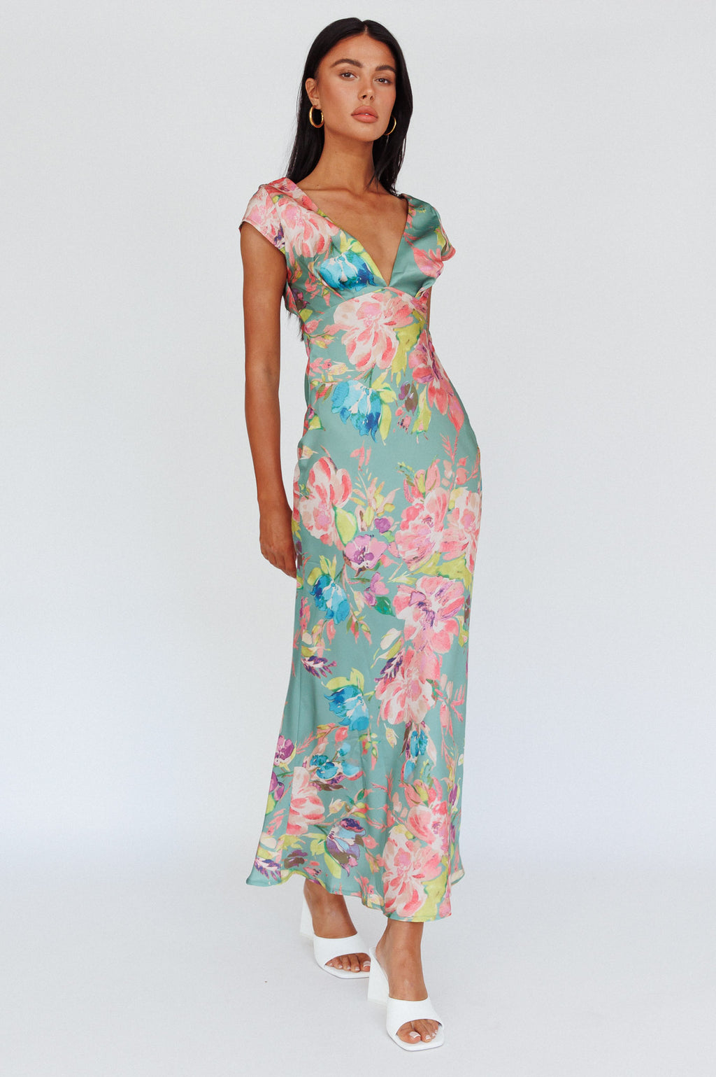 Lucinda Cap Sleeve Twist Back Midi Dress Floral Olive by Selfie Leslie Australia