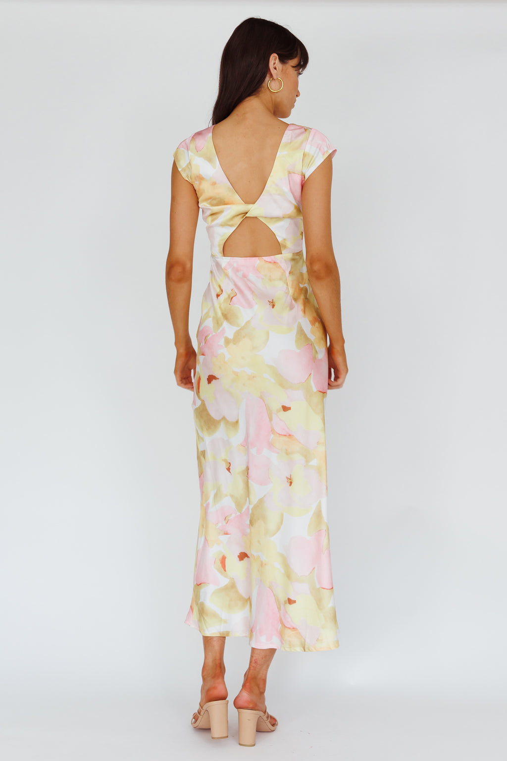 Lucinda Cap Sleeve Twist Back Midi Dress Flower Pink by Selfie Leslie Australia