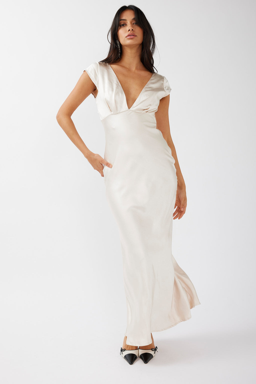 Lucinda V-Neck Twist Back Midi Dress Champagne by Selfie Leslie Australia