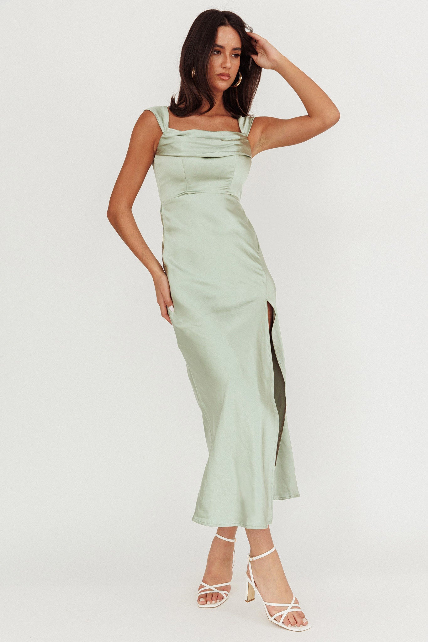 Lucinda Off-Shoulder V-Back Dress Sage by Selfie Leslie Australia
