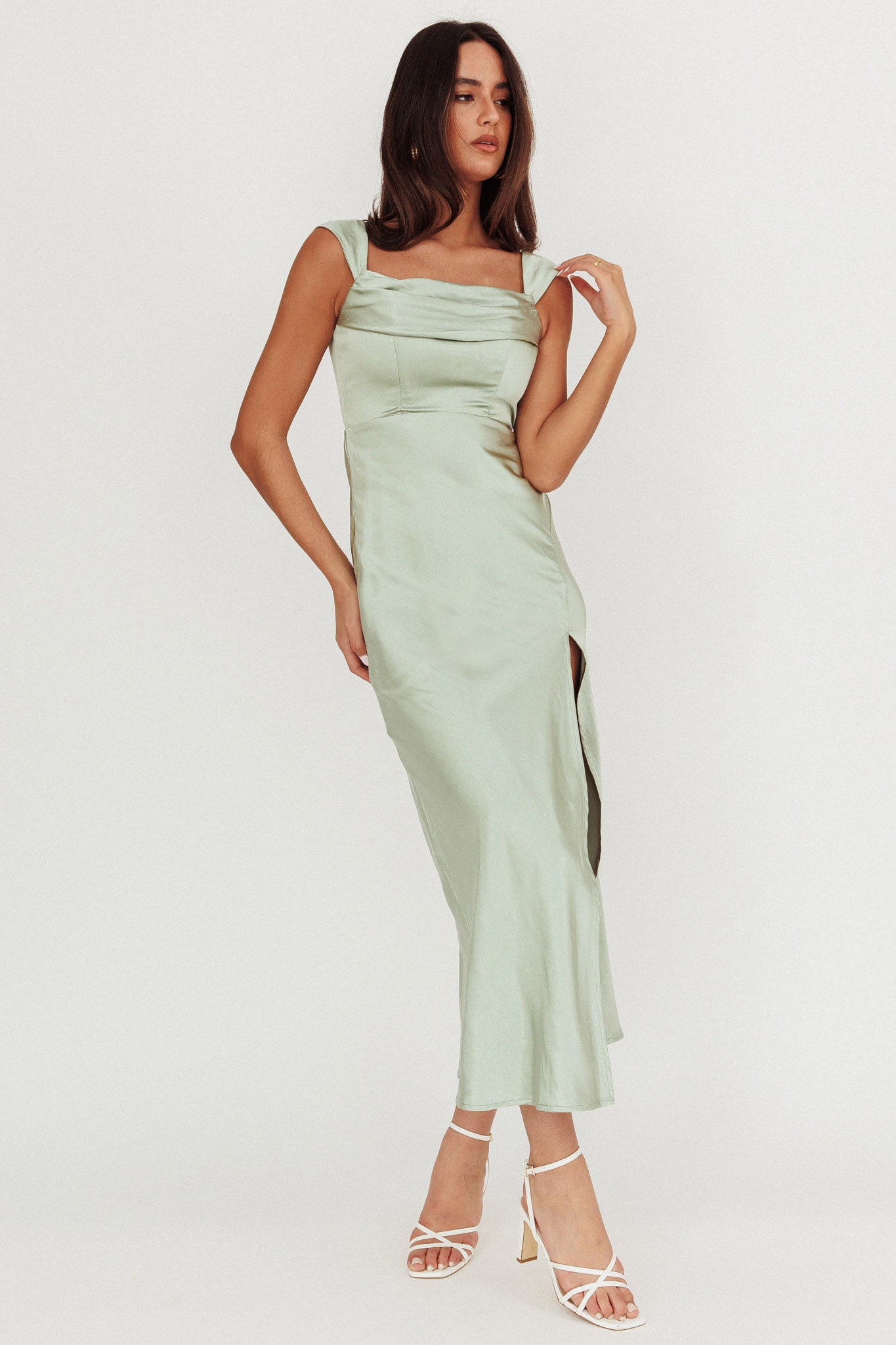 Lucinda Off-Shoulder V-Back Dress Sage by Selfie Leslie Australia